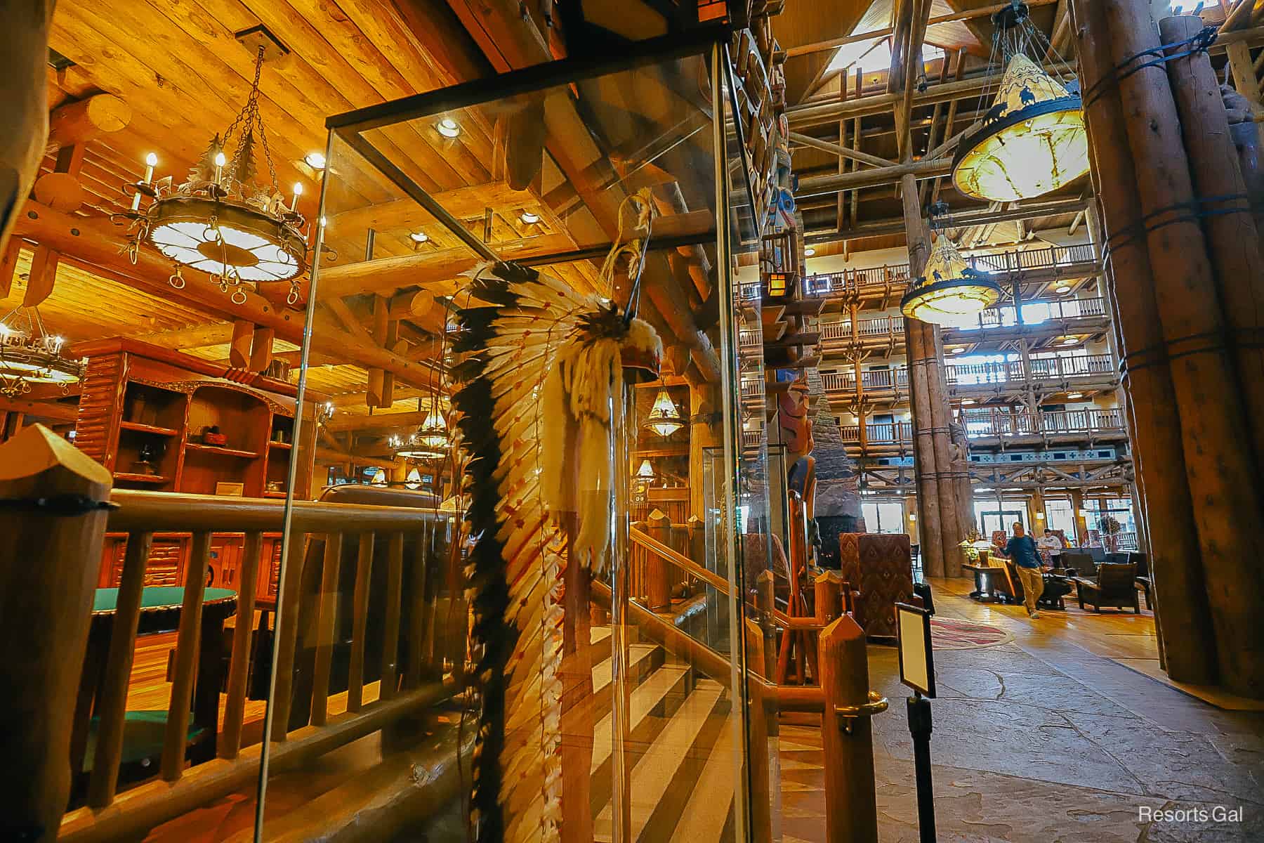 a native American headdress on display in Disney's Wilderness Lodge lobby 