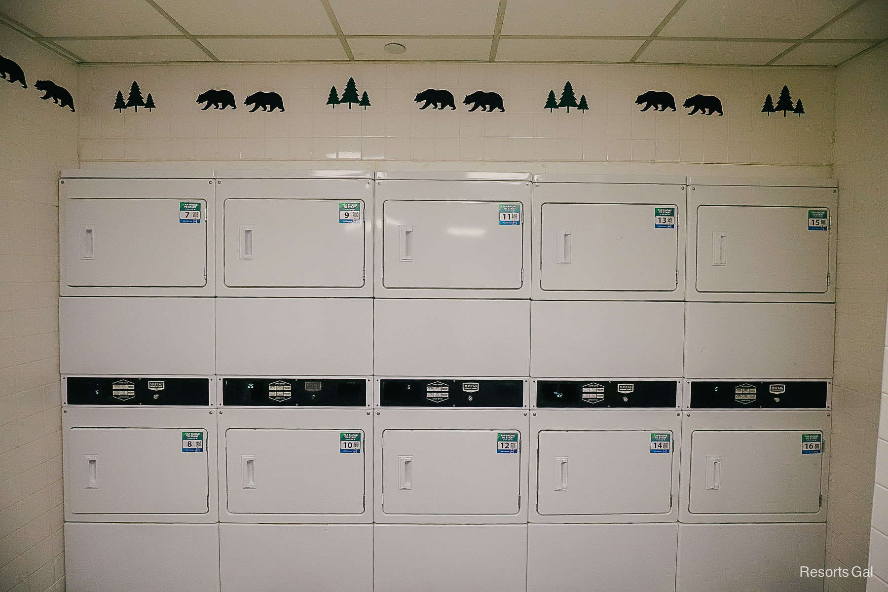 two rows of stacked dryers with black and white bear tiles above them 