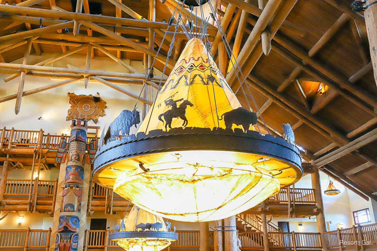 closeup of a light fixture in the lobby of the Wilderness Lodge