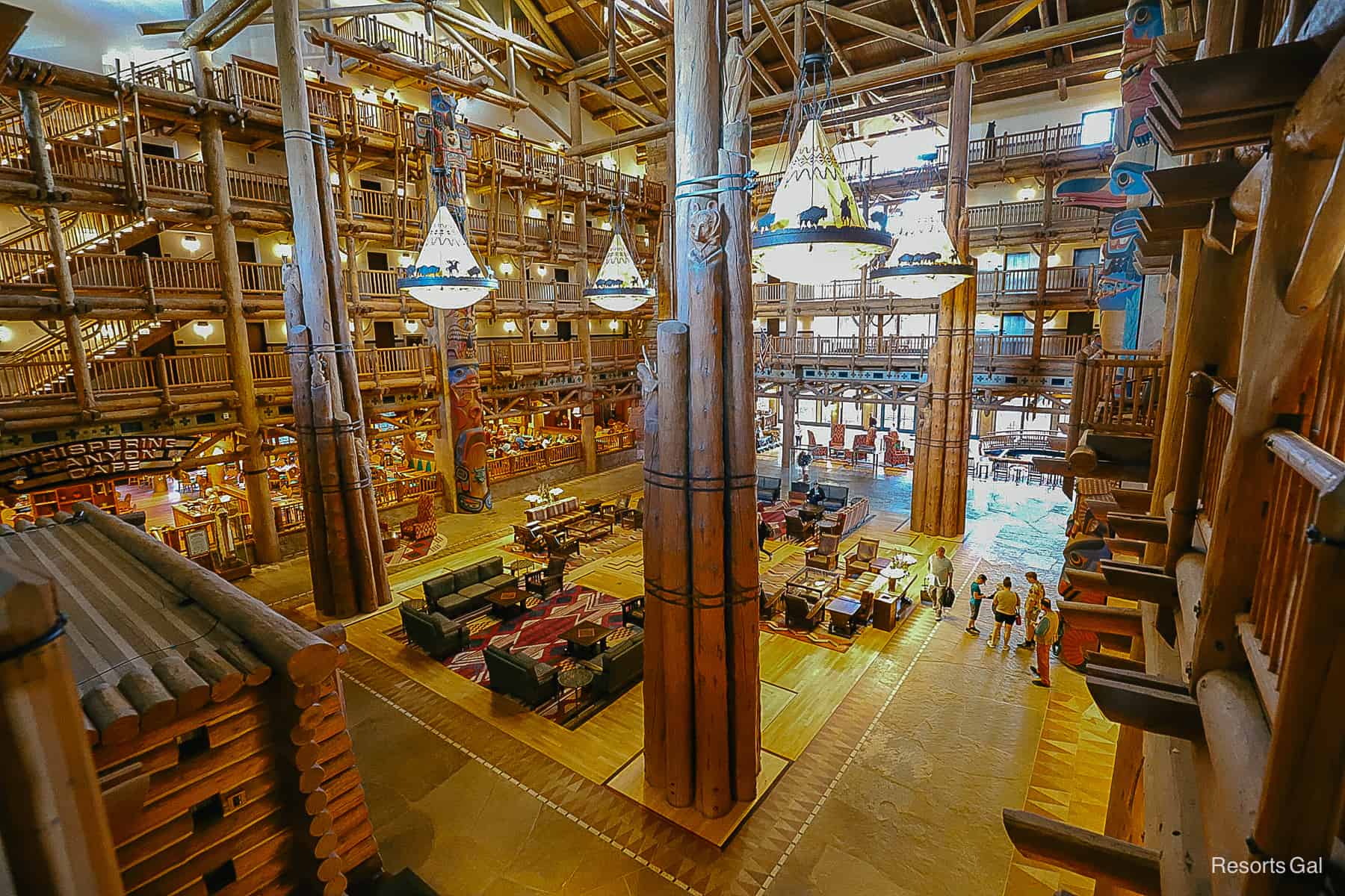 a view of the Wilderness Lodge lobby from an upper level floor 