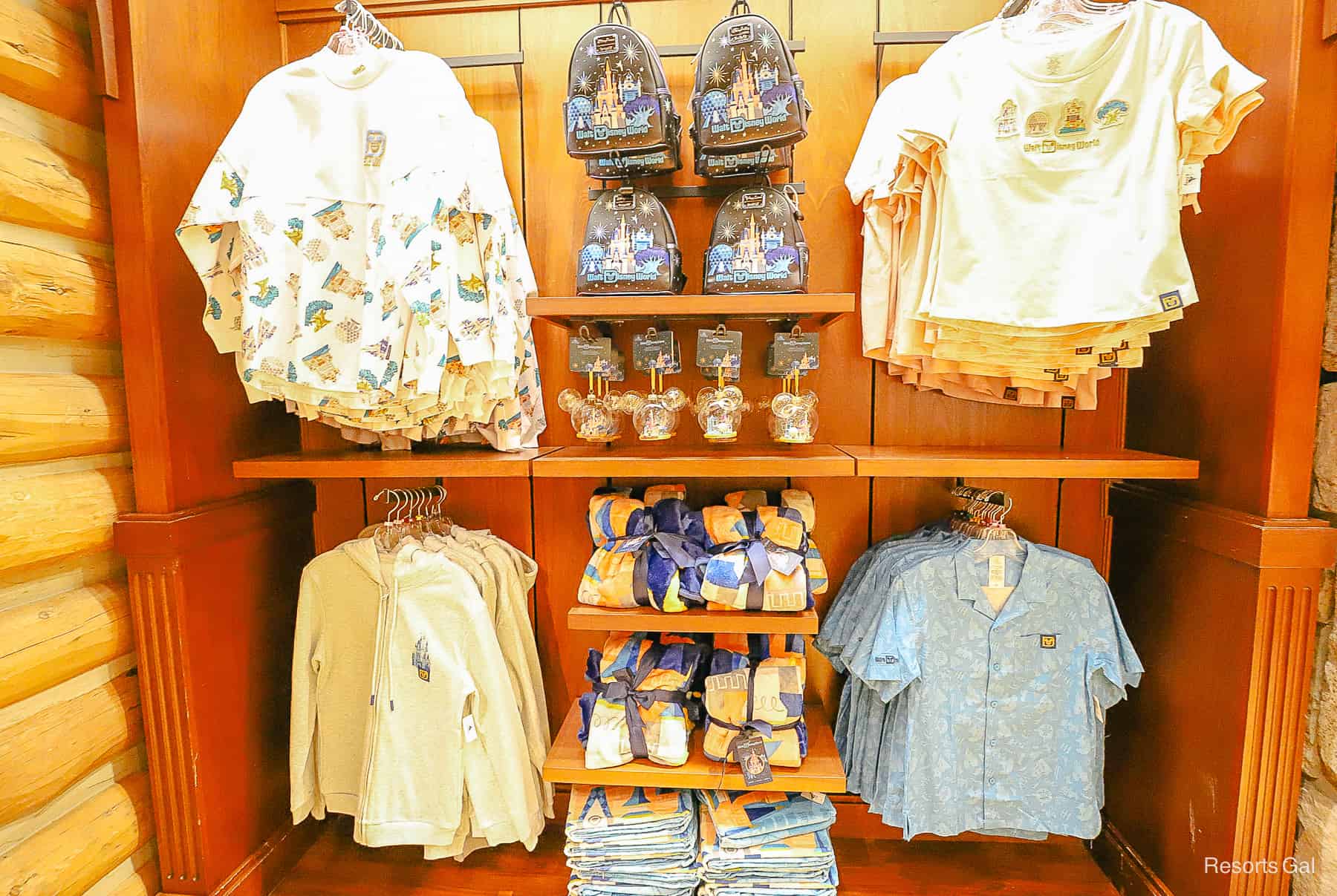 Disney merchandise like backpacks, clothing, and ornaments 