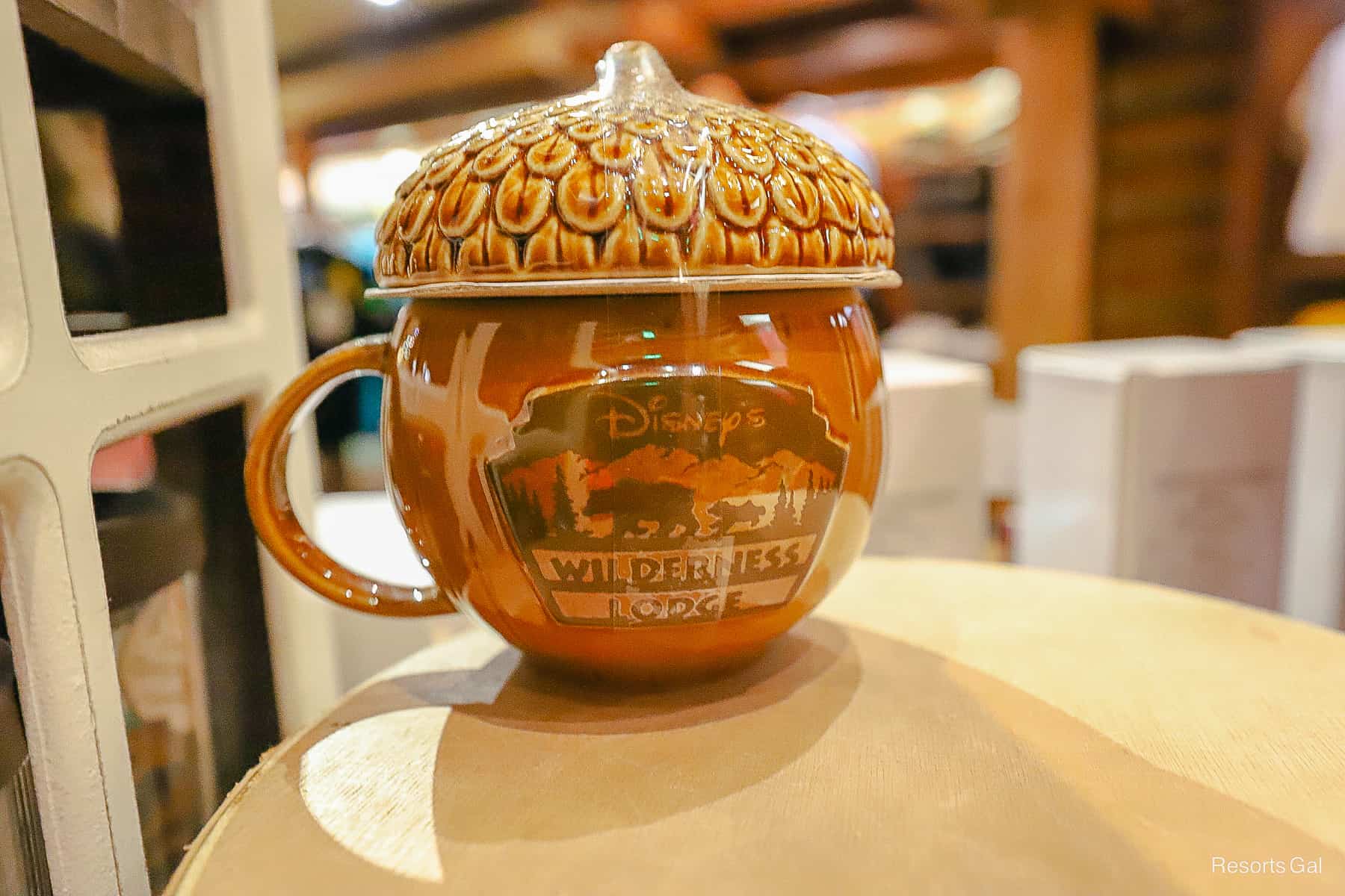 the logo of the Wilderness Lodge on the acorn mug 