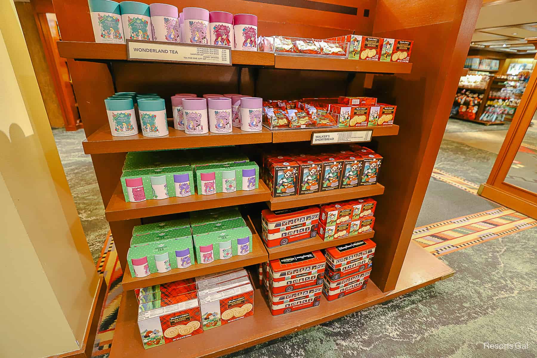 a display with tea and Walker's Shortbread 