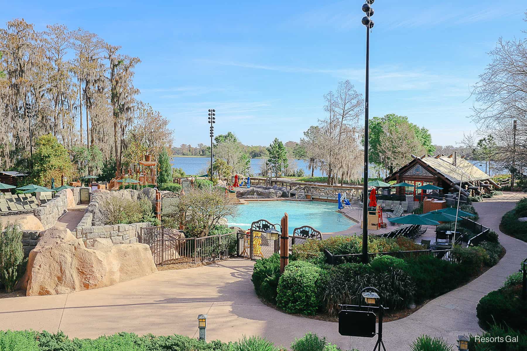 a view of the Wilderness Lodge Pool from the resort's upper floor 