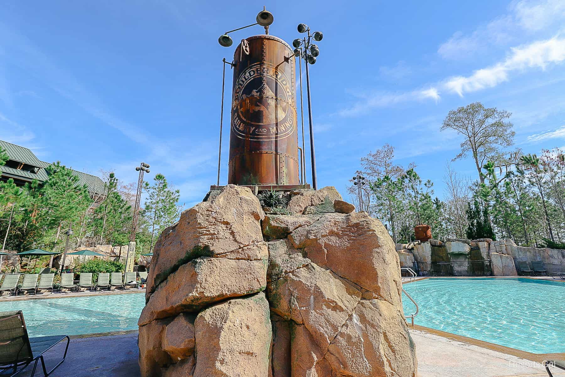 a thematic element tower with water feature at the Boulder Ridge Cove Pool 