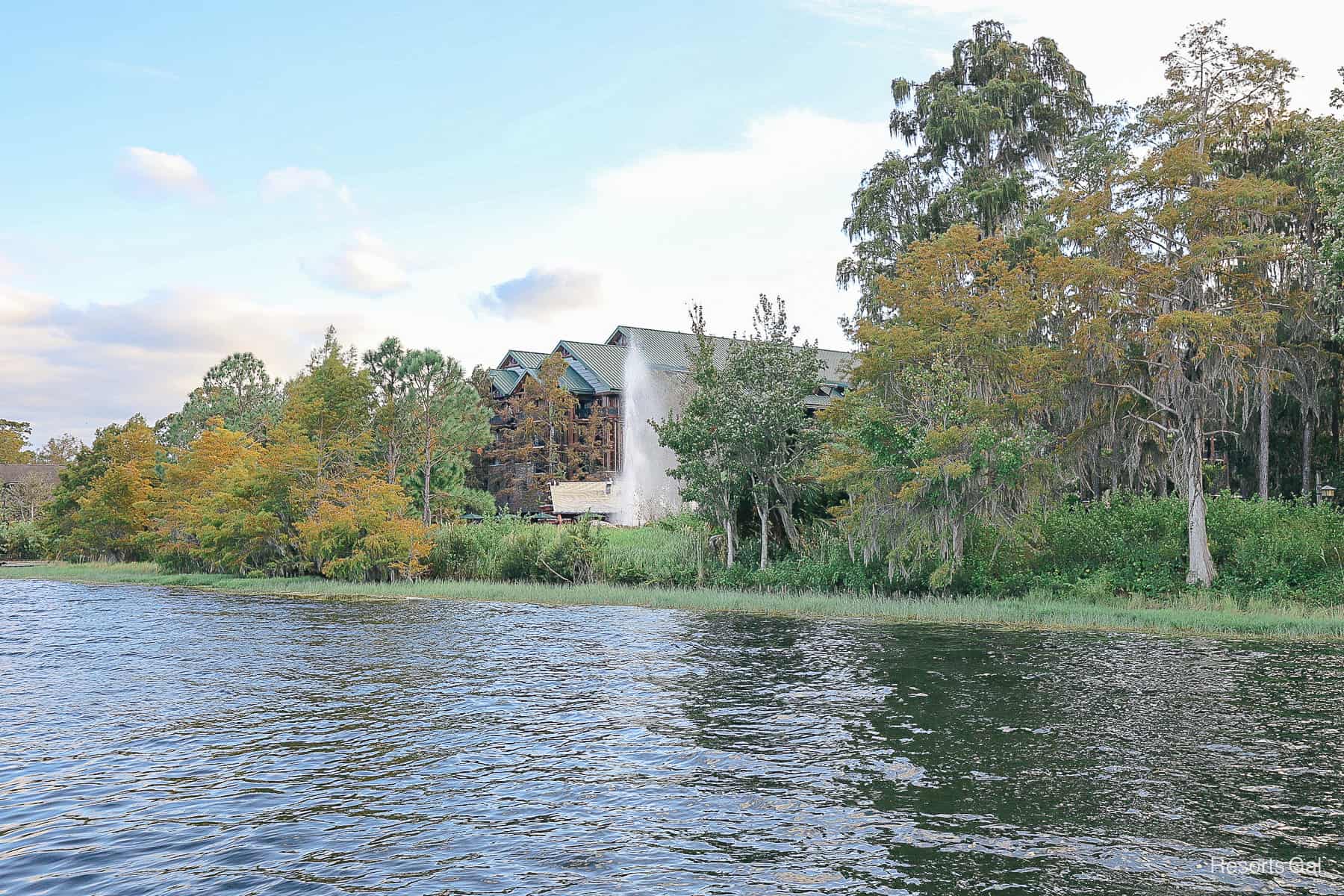 the fire rock geyser going off at the Wilderness Lodge as seen from Bay Lake 