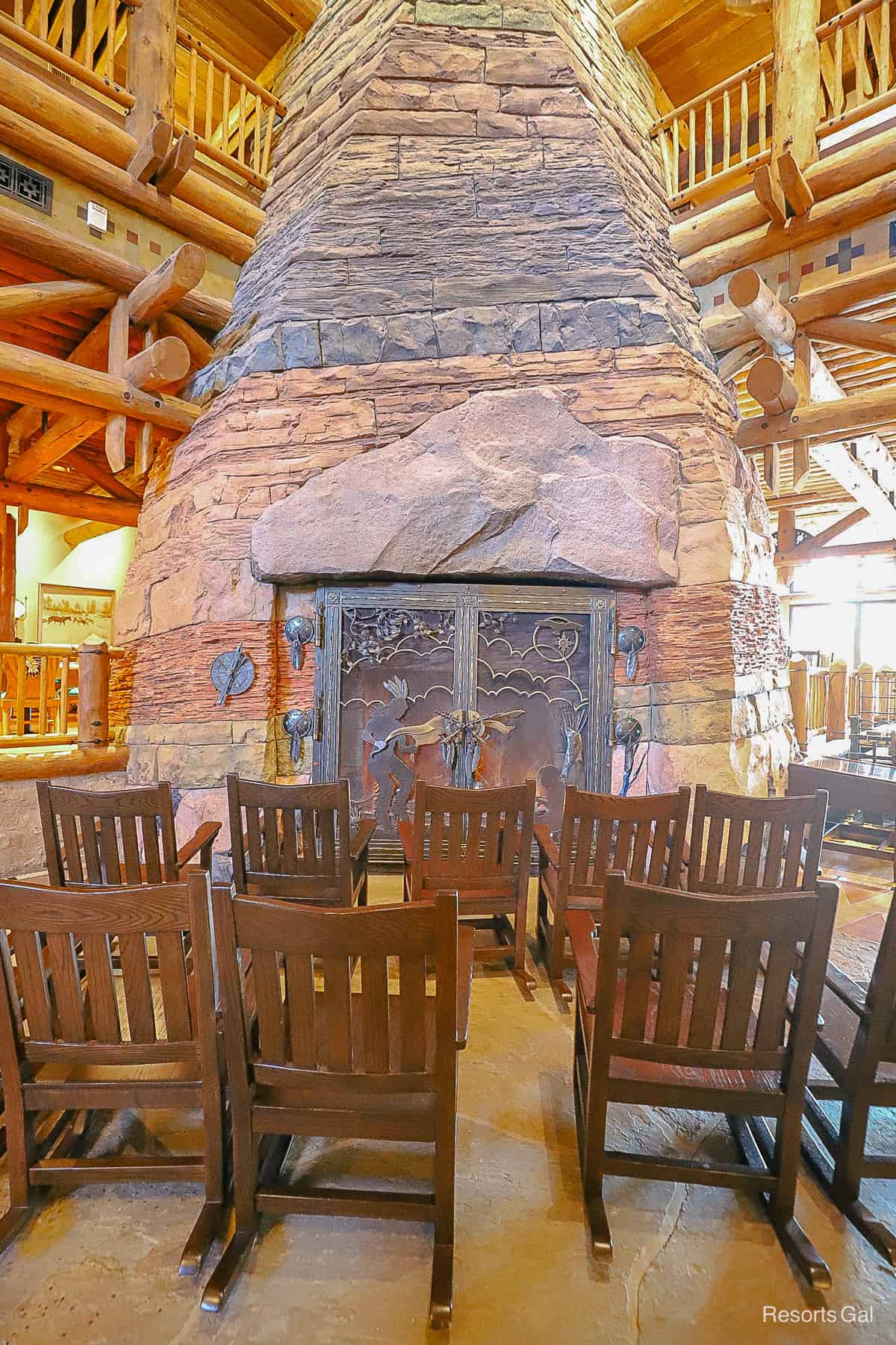 the stacked stone fireplace in the corner of the Wilderness Lodge's lobby
