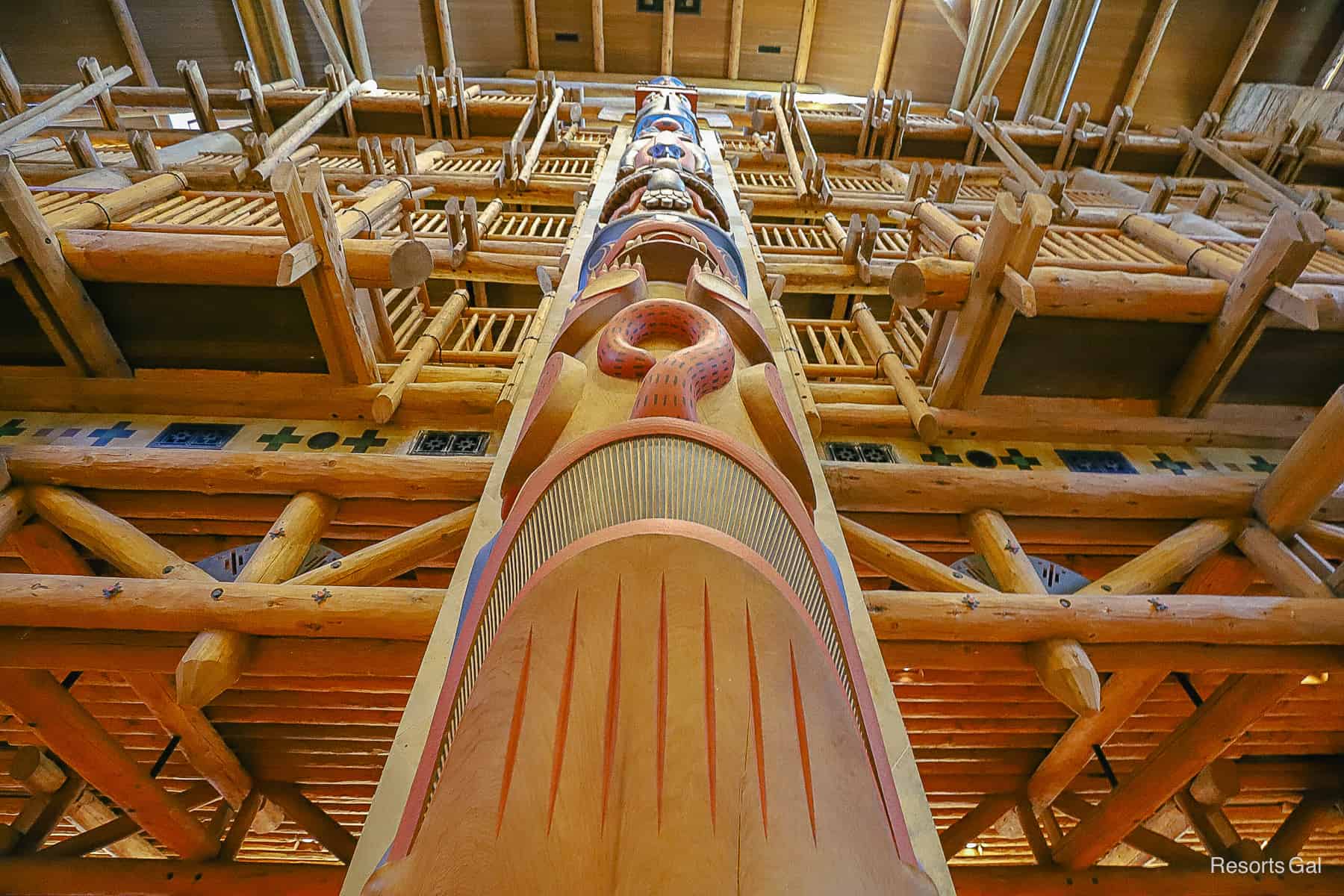 a totem pole reaching to the upper level floors of the Wilderness Lodge 