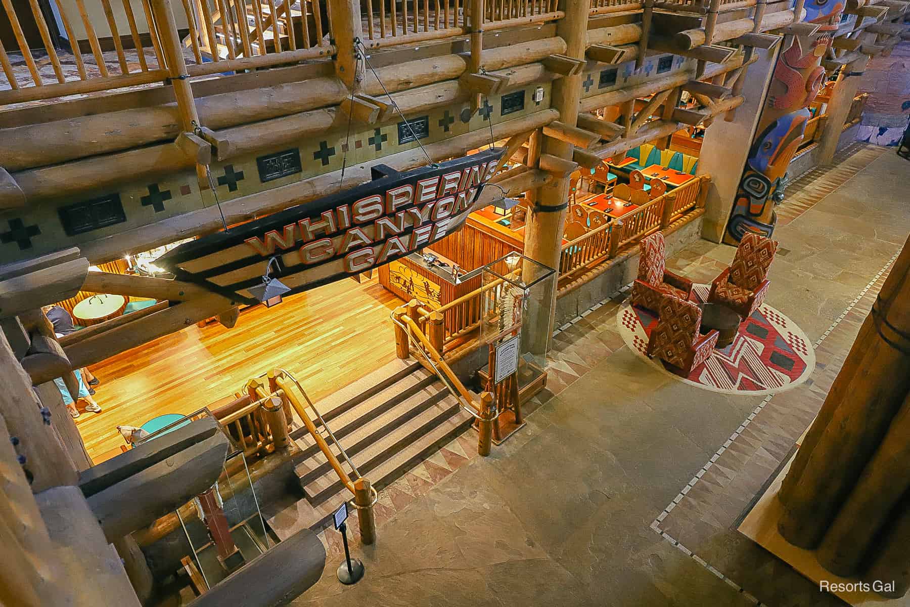 a view of Whispering Canyon Cafe from an upper level floor in the Wilderness Lodge's lobby 