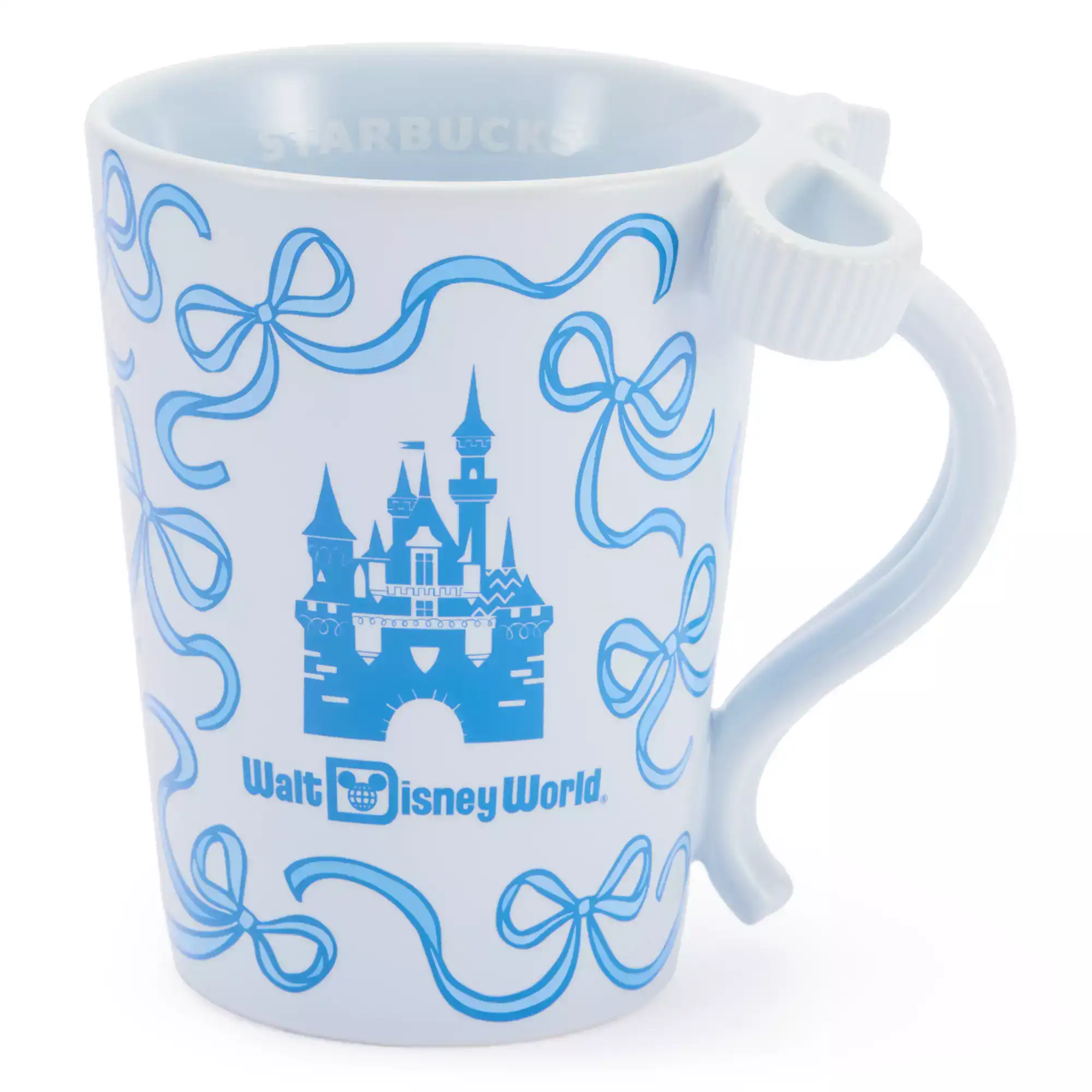 the front of the Walt Disney World Starbucks blue ribbon mug with Cinderella Castle 