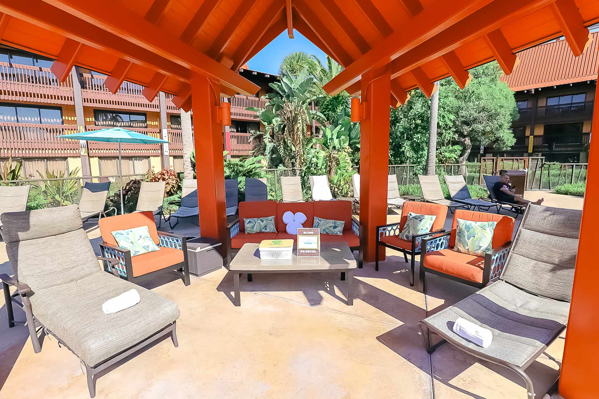 a poolside patio at the Oasis Pool 