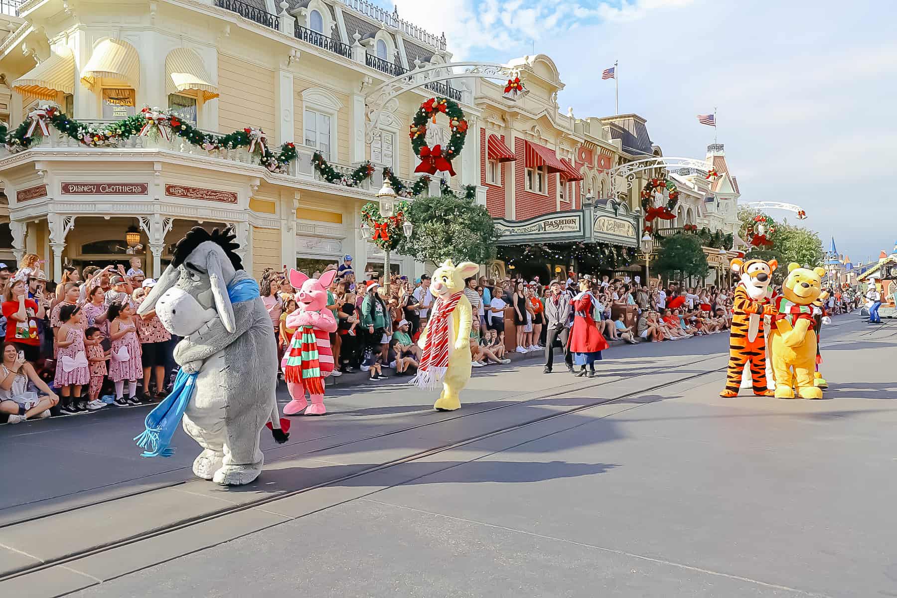 Walking unit in Mickey's Christmas Parade that includes characters from Winnie the Pooh. 
