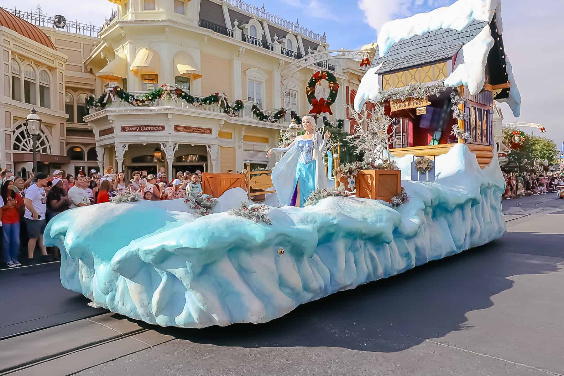 Elsa on the parade float in Disney's Christmas Parade. 