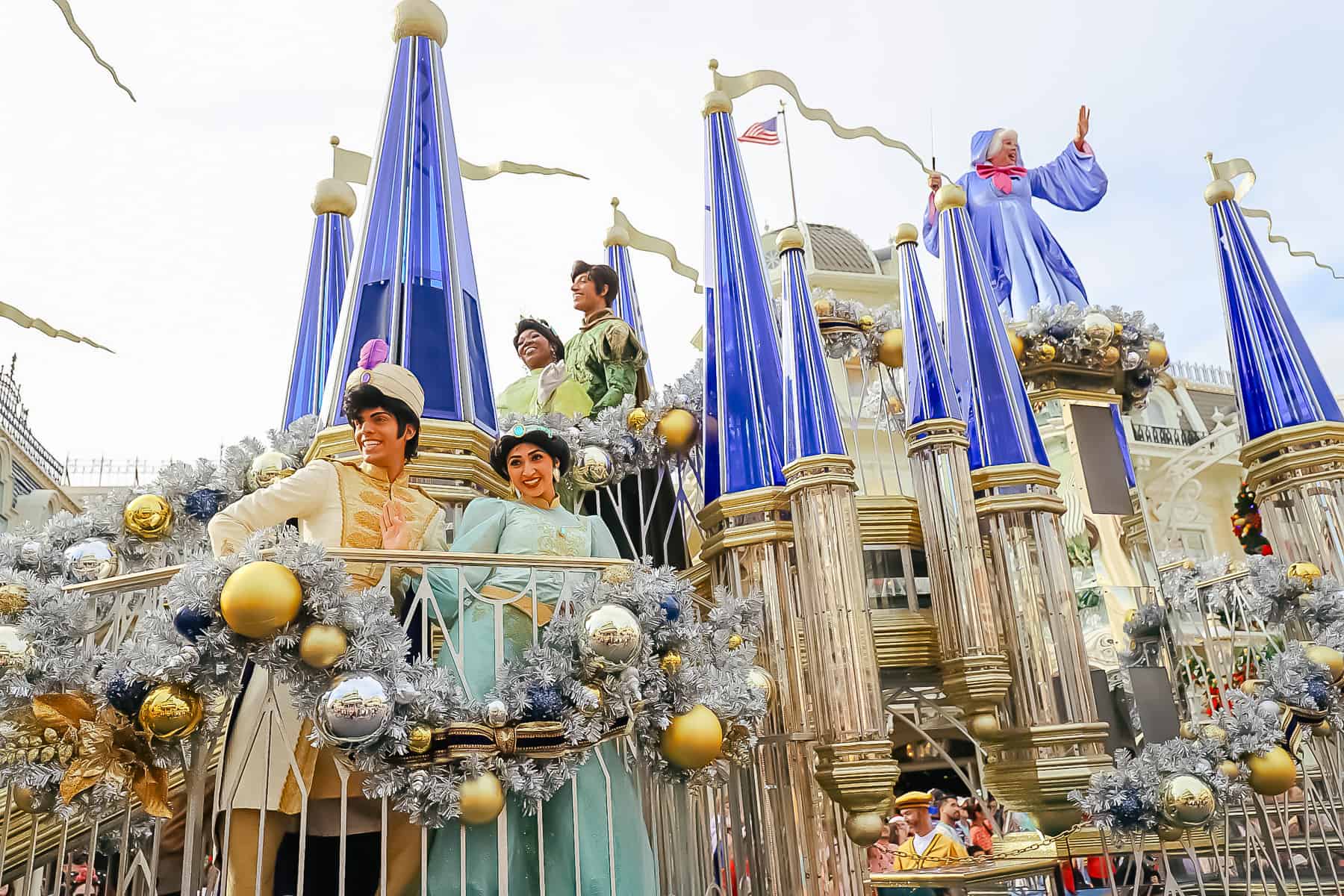 Aladdin, Jasmine, Tiana, Prince Naveen, and the Fairy Godmother