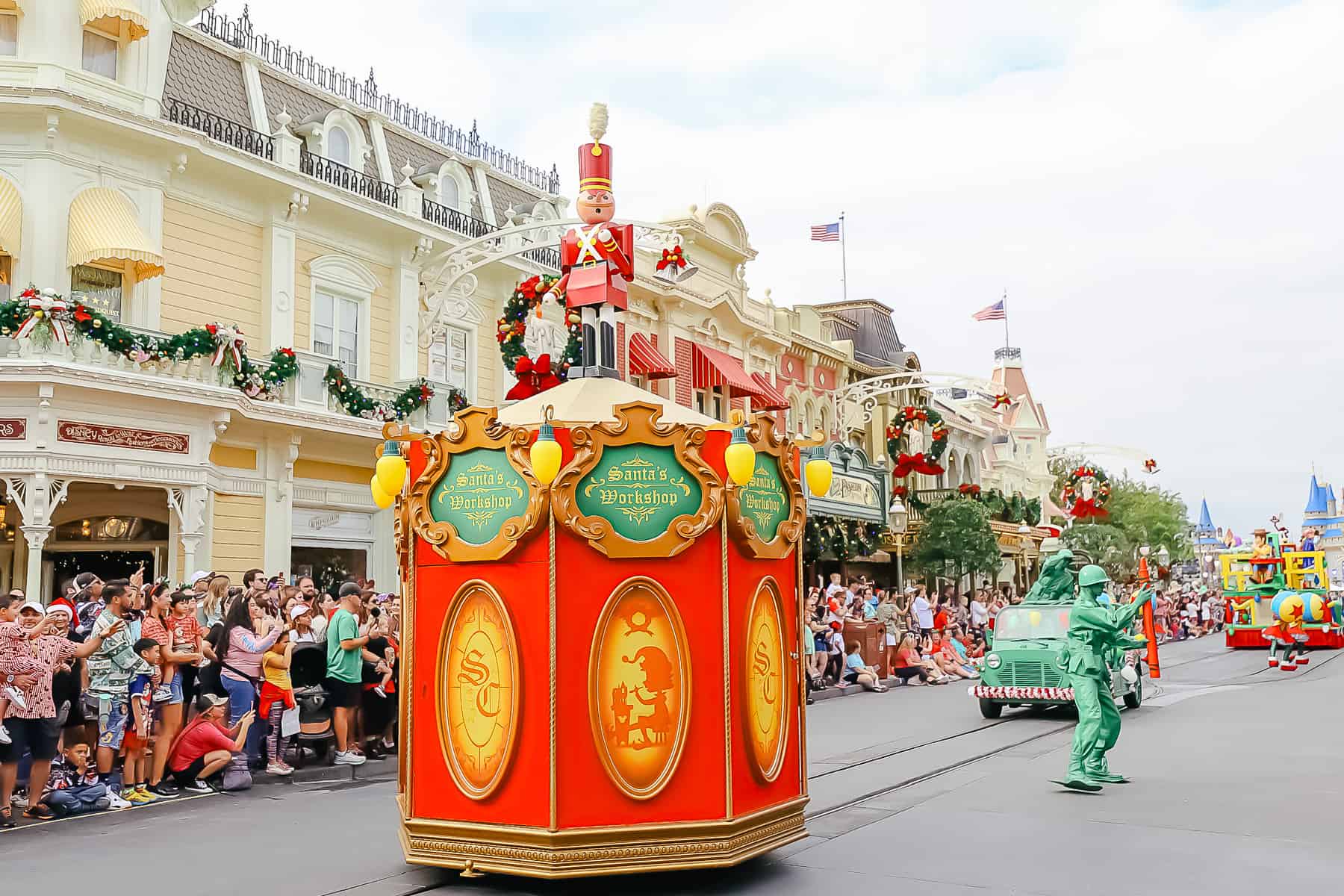 The toy unit features Santa's workshop in the parade. A tiny toy soldier is perched on top. 