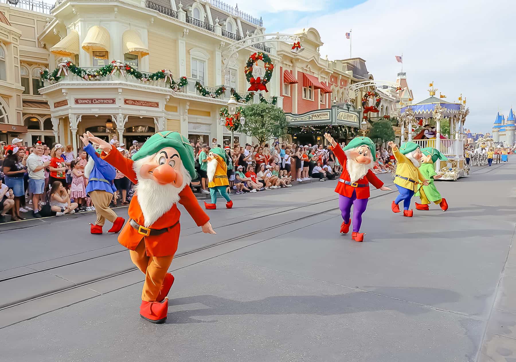 The Seven Dwarfs in a dancing segment during the parade. 