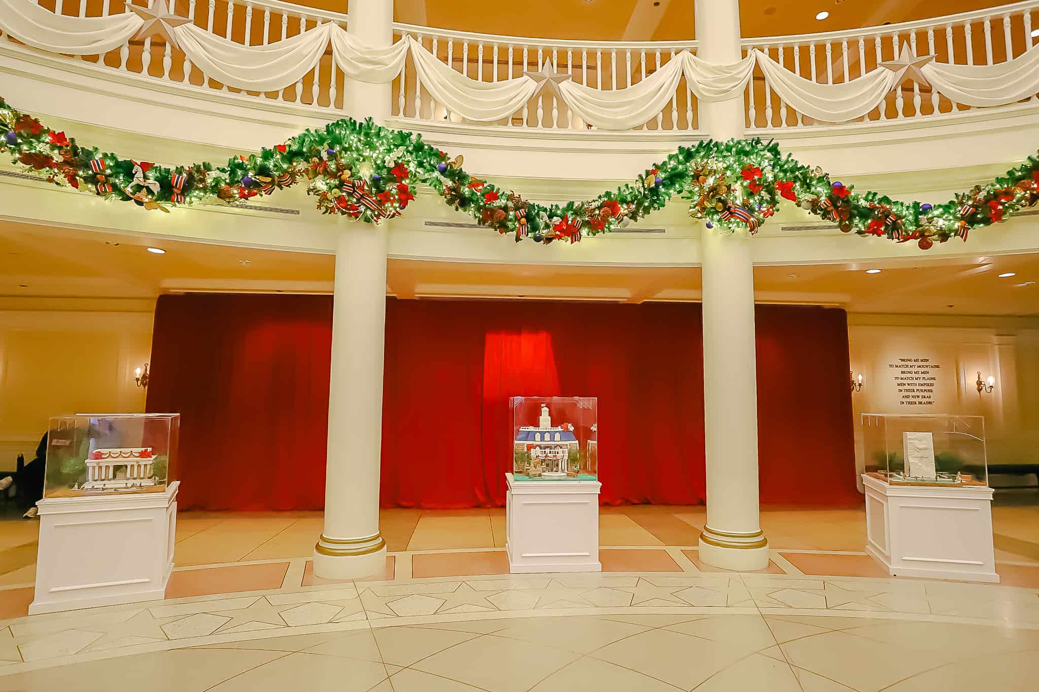 The three gingerbread displays in 2023 at Epcot's America Adventure. 