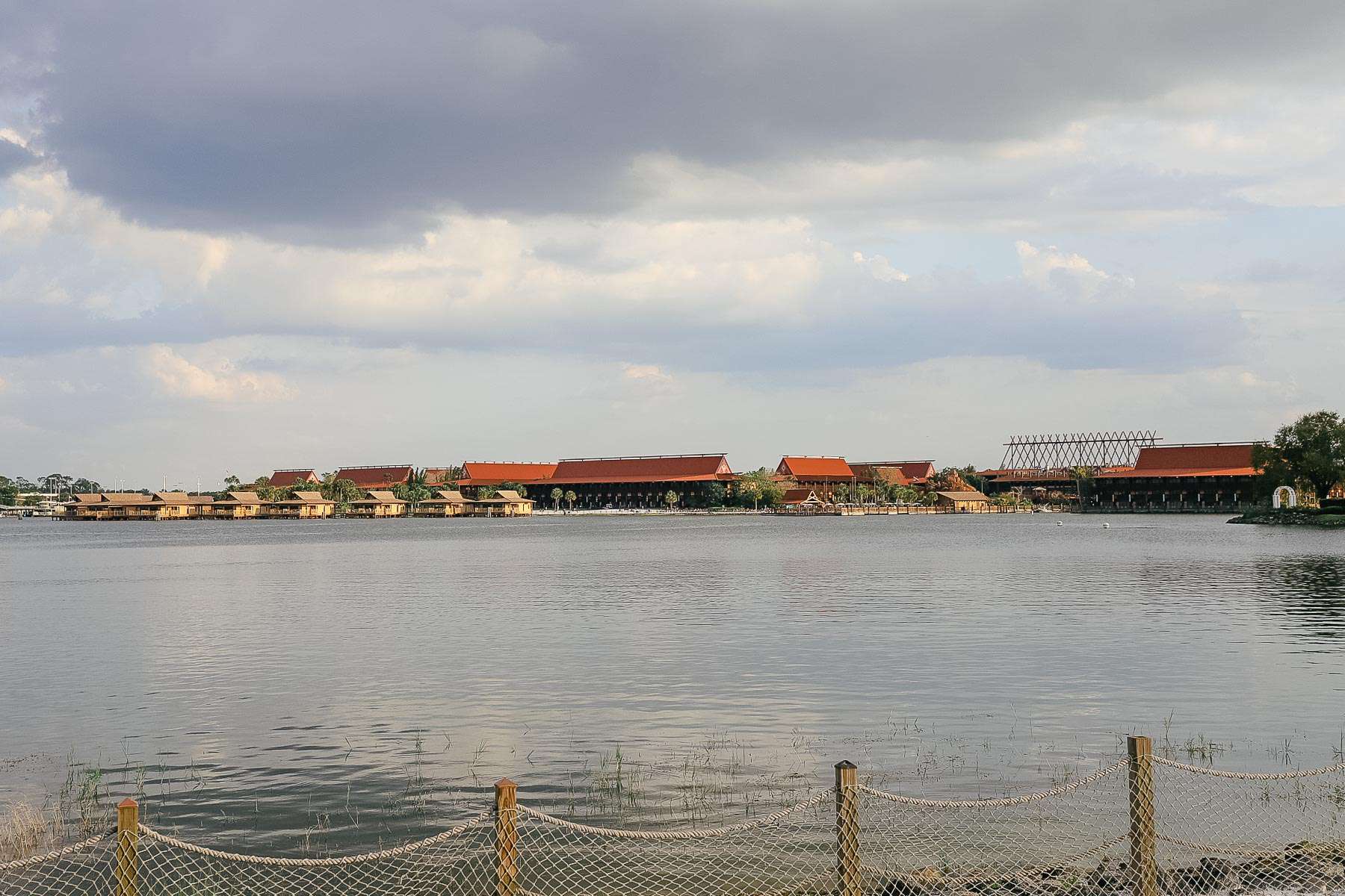 Disney's Polynesian sitting on the shores of Seven Seas Lagoon. 