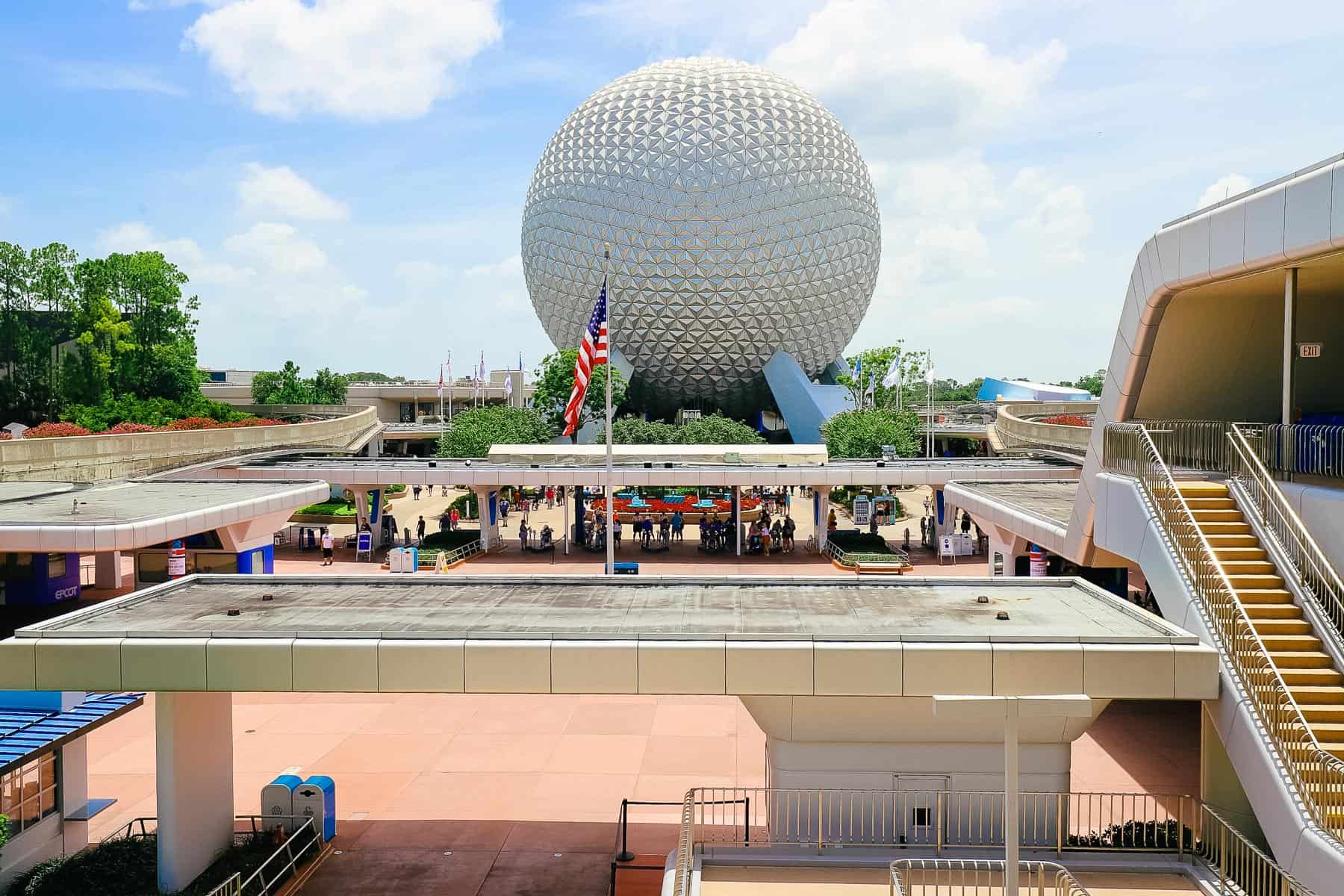 A view of Spaceship Earth from the monorail platform at Epcot. 