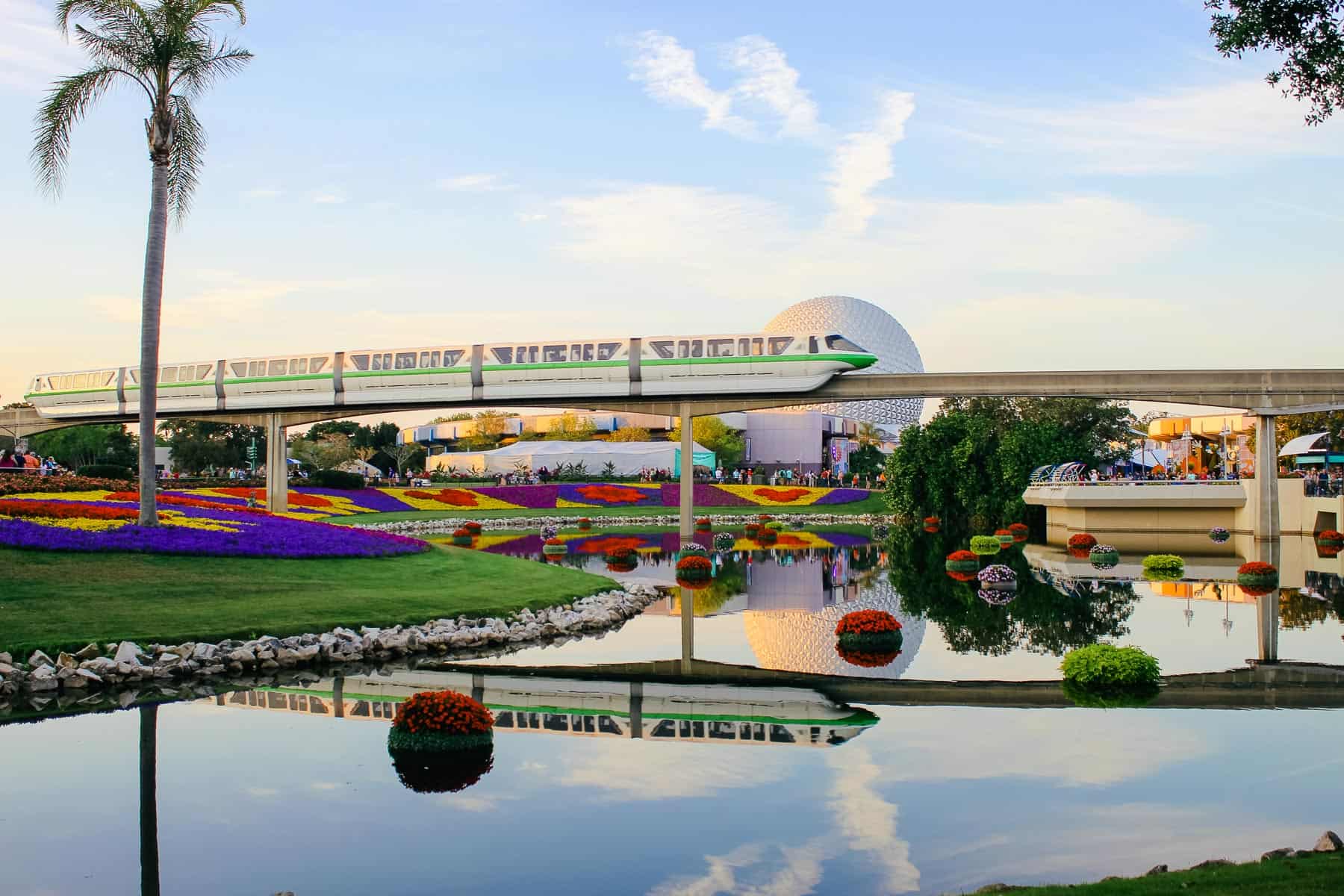 Shows the Epcot Monorail as it loops through the park. 
