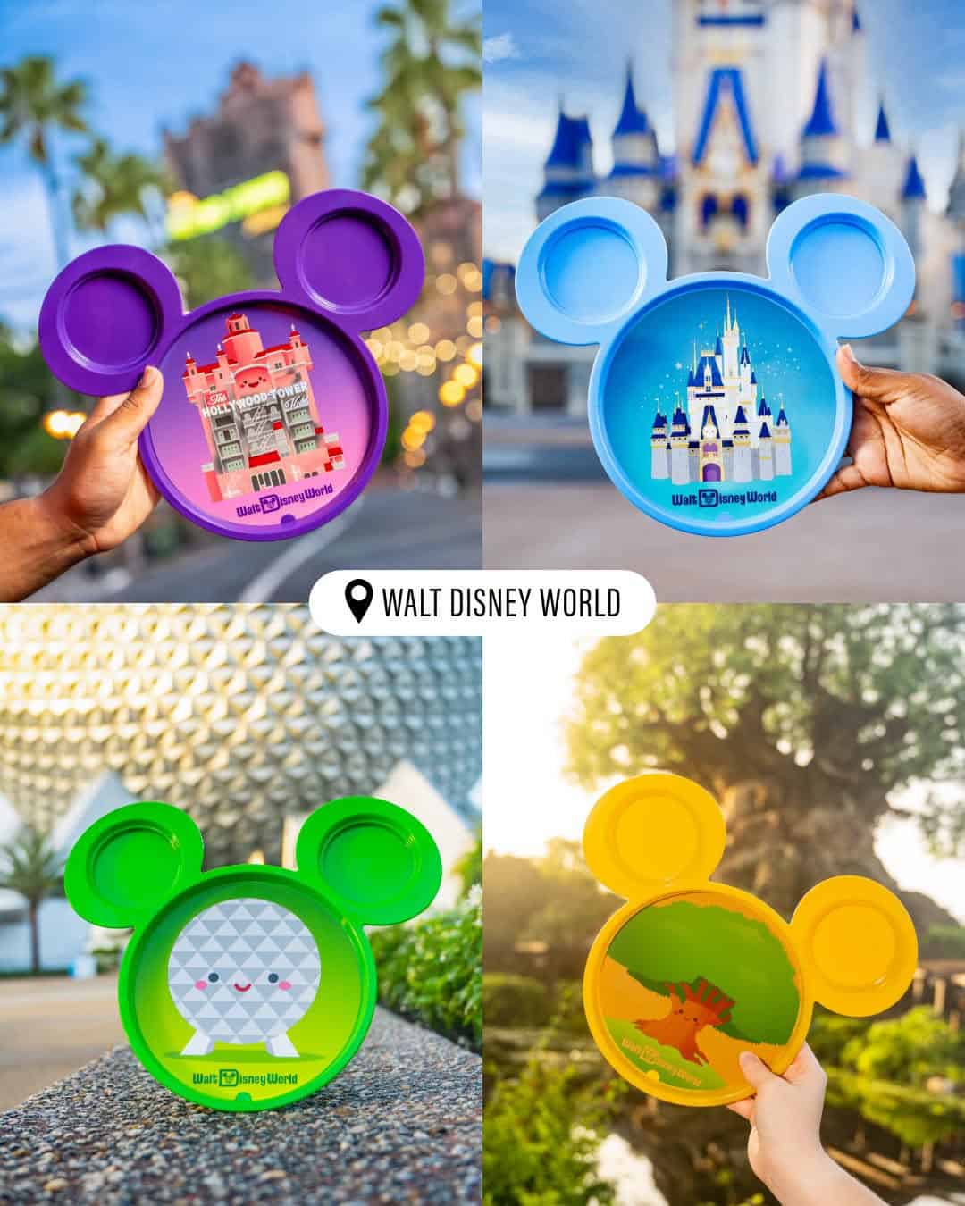 a collage featuring four Mickey Mouse souvenir plates representing each theme park