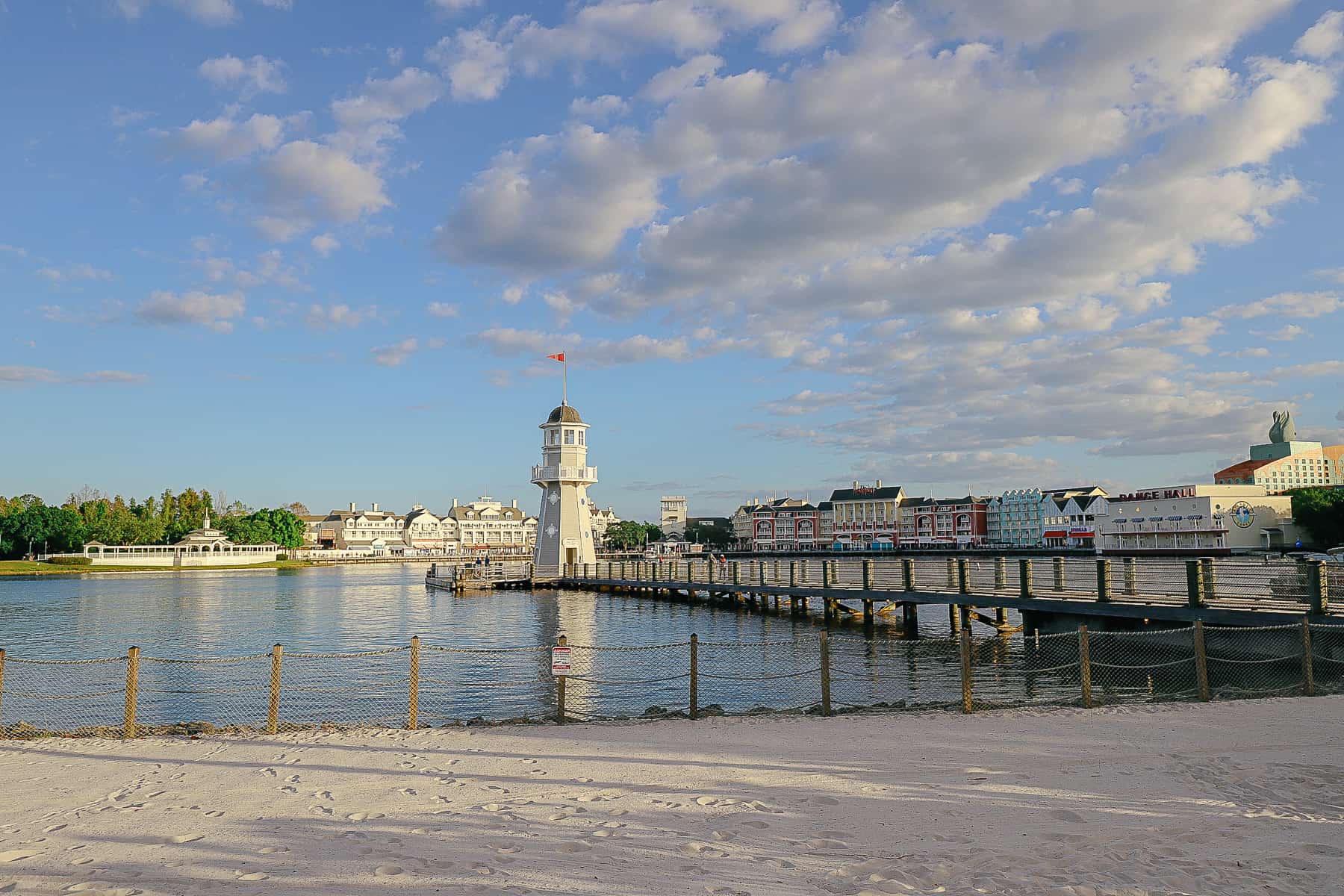 The Yacht and Beach Club dock in the evening around sunset. 