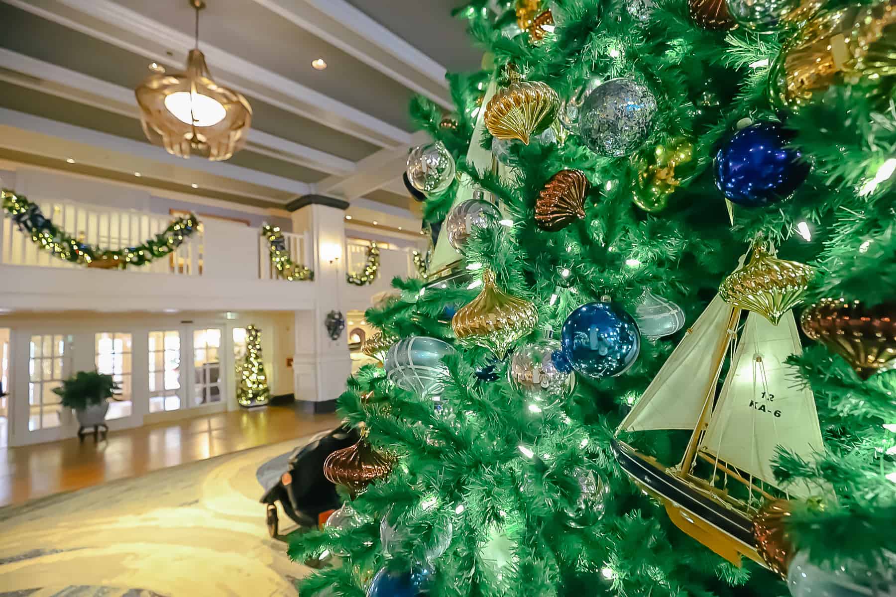 partial view of the Christmas tree looking toward the resort's front doors