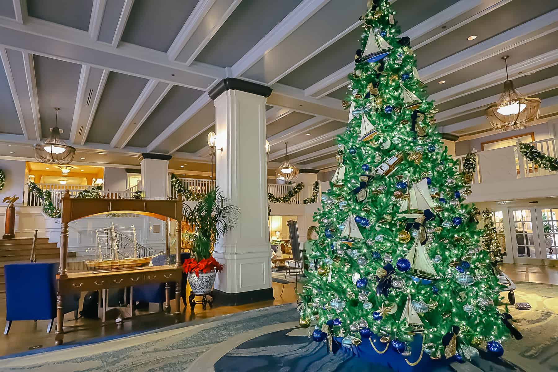 the lobby of Disney's Yacht Club with Christmas decorations 