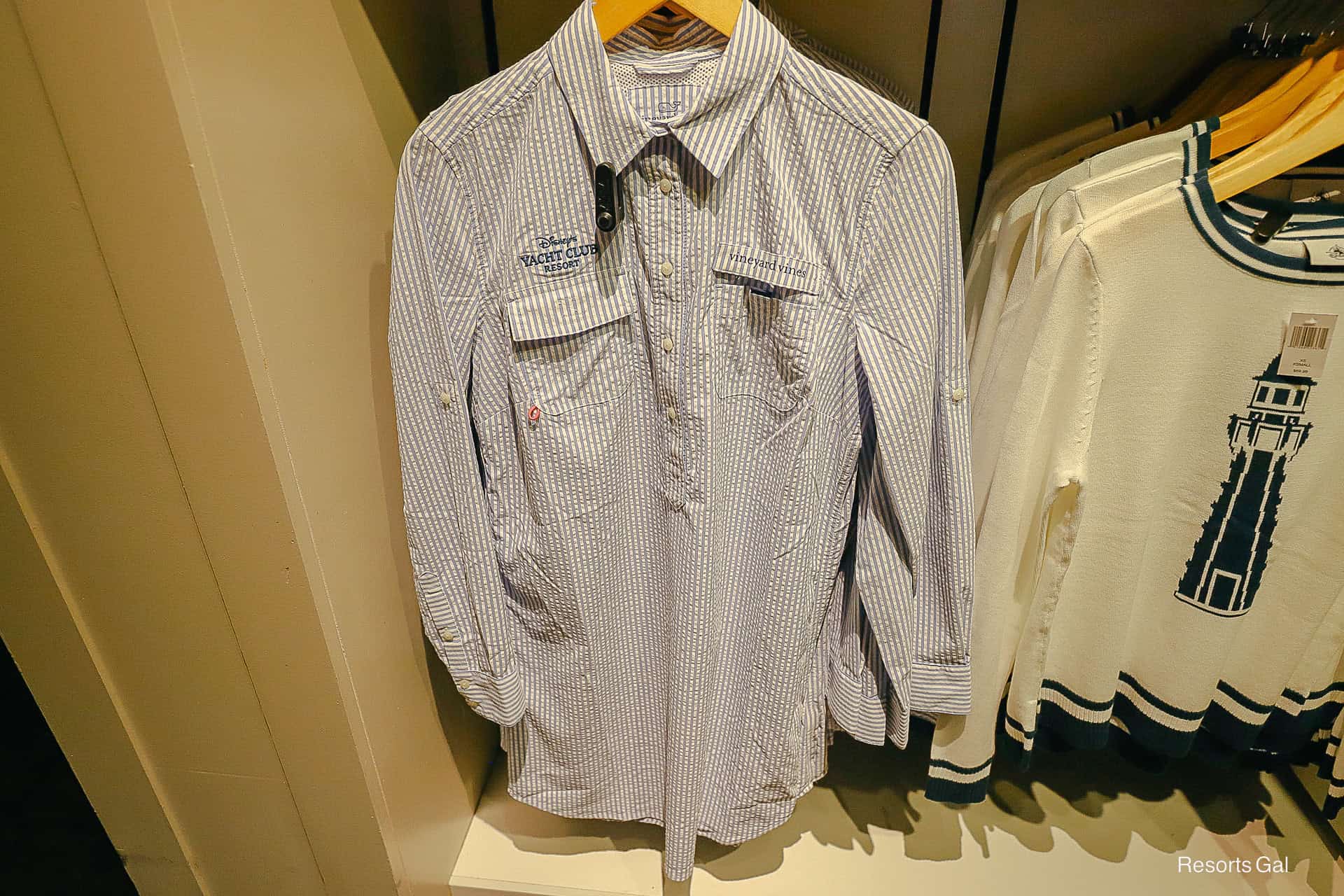 seer sucker striped shirt with Yacht Club logo