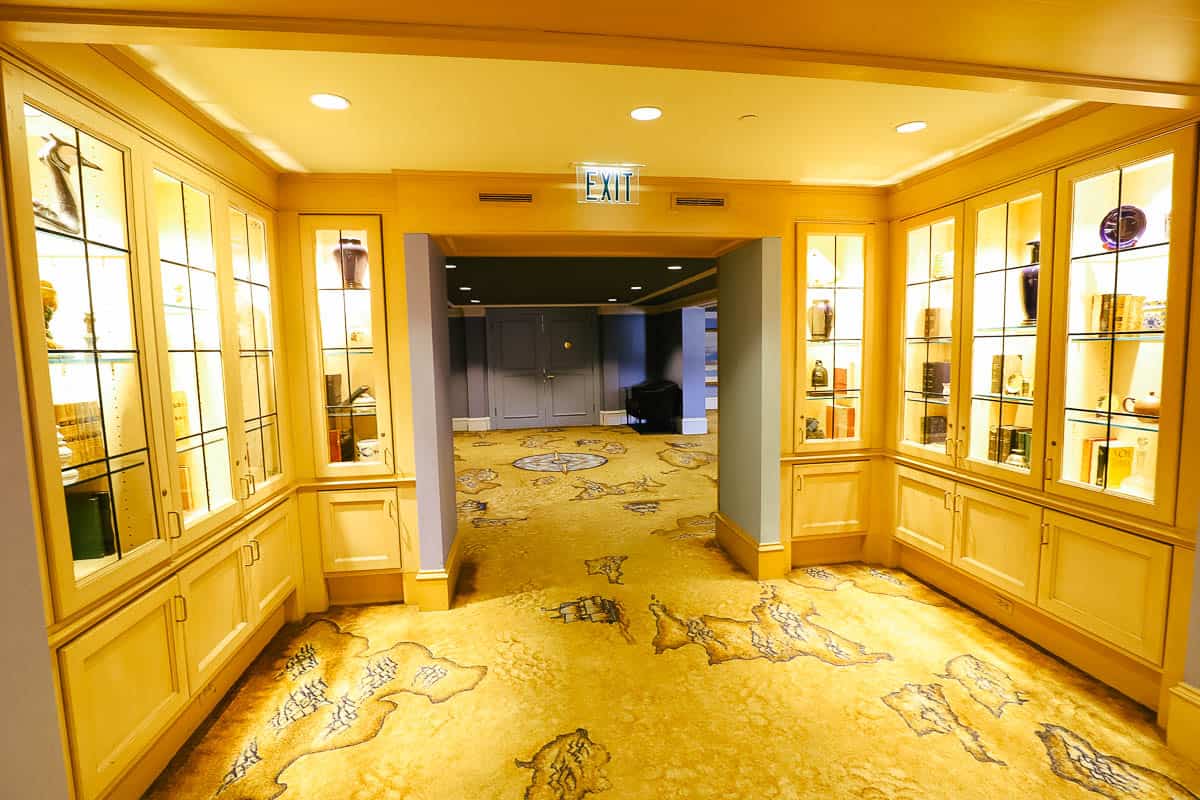 decorative display cases in the lobby of Disney's Yacht Club 