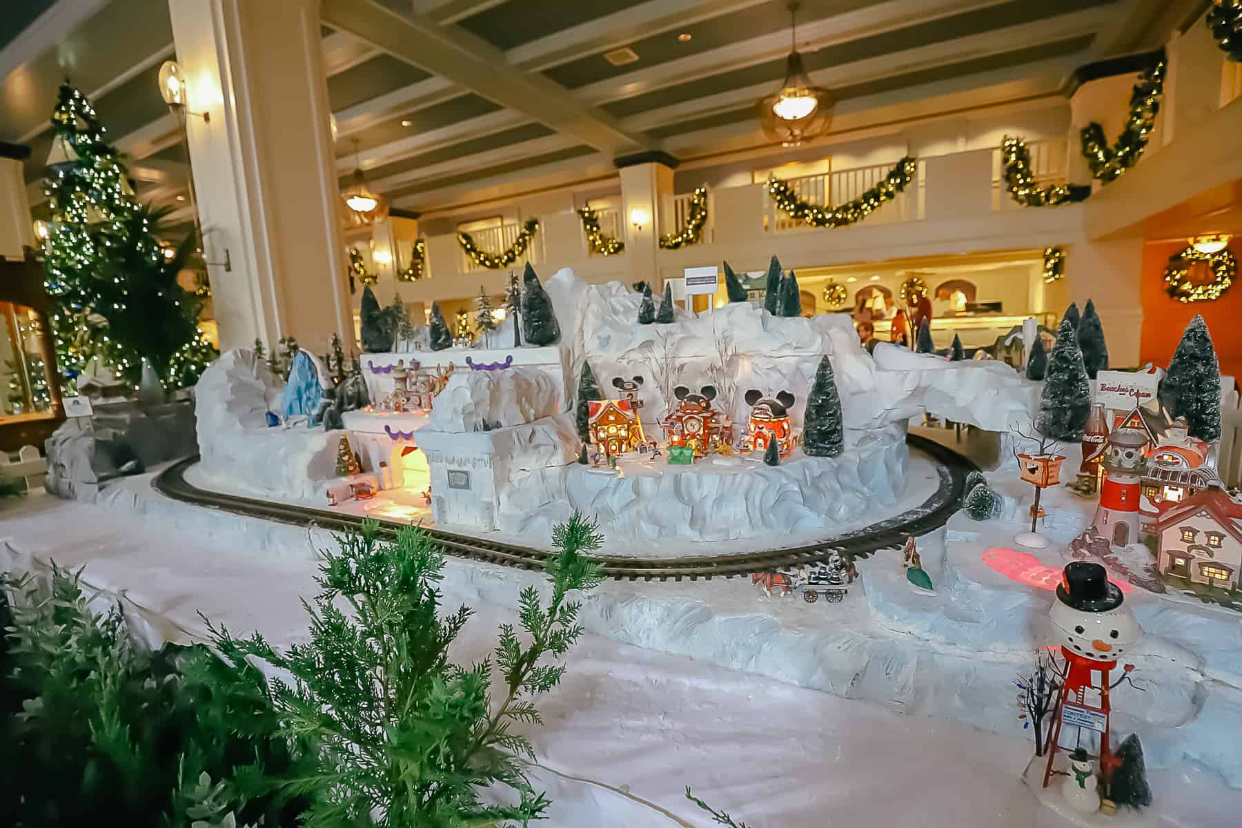 A Christmas village with train set