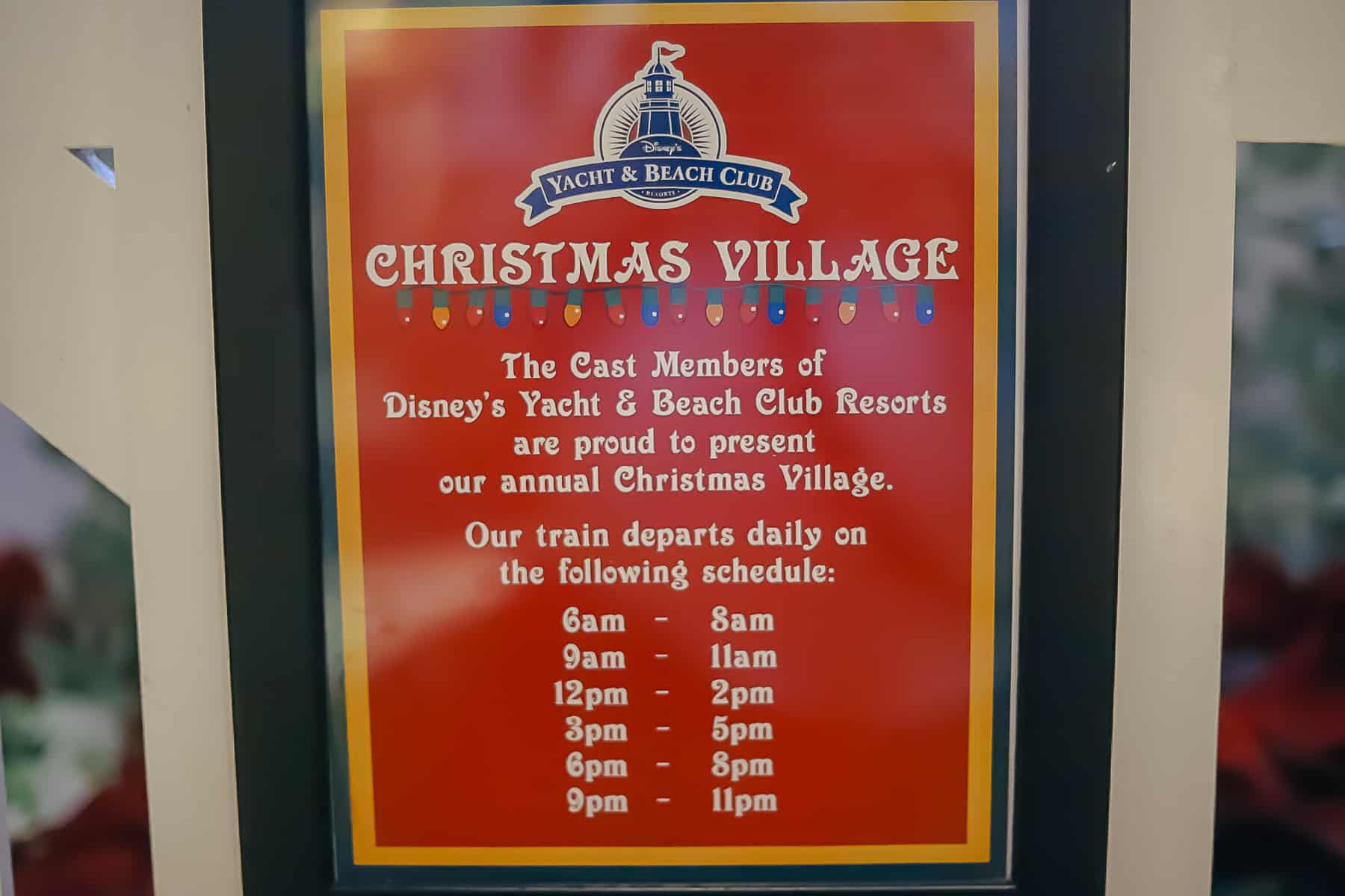 A sign that lists the time when the train at Disney's Yacht Club departs.