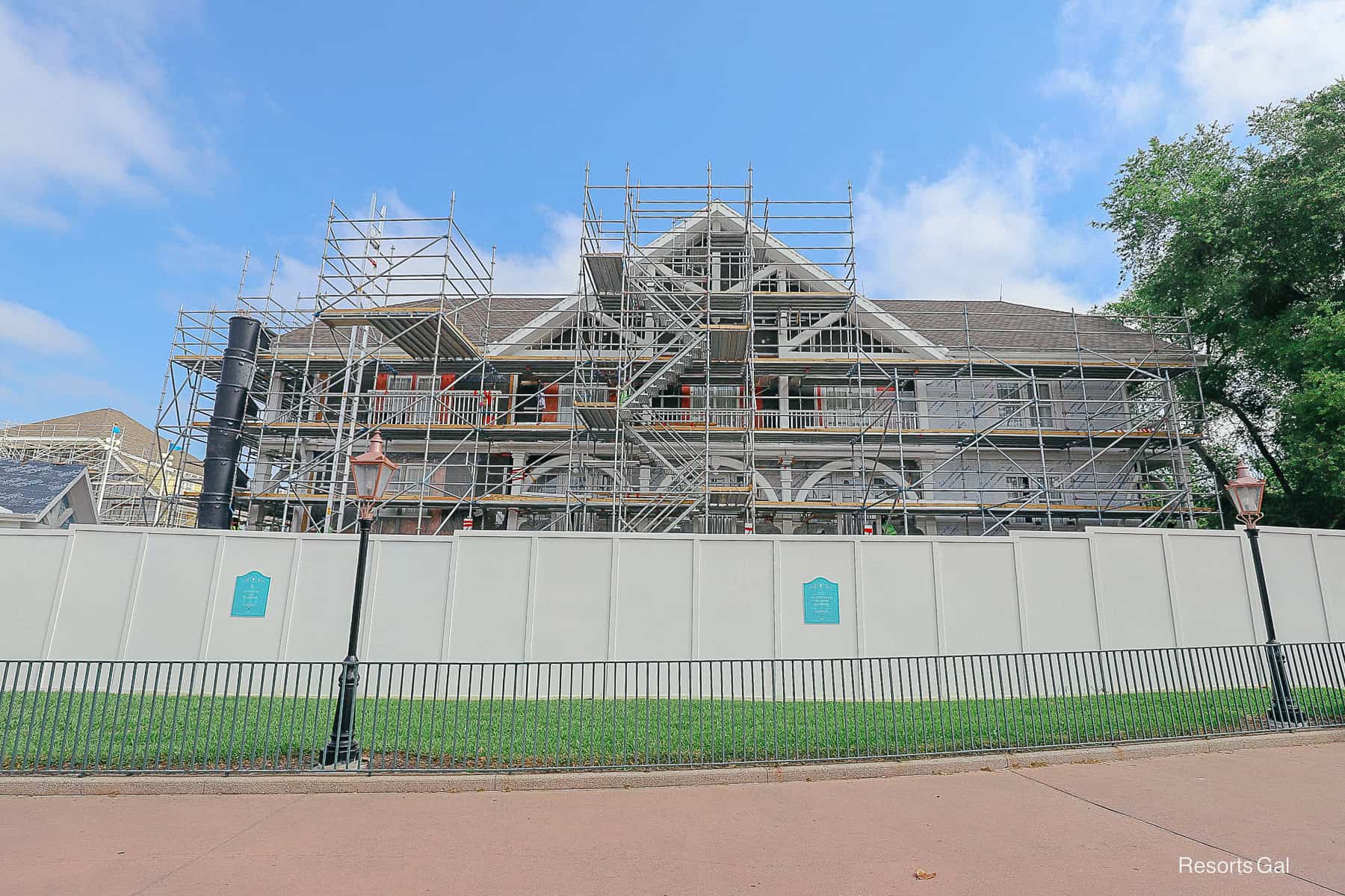 scaffolding work up around the Beach Club's side entrance