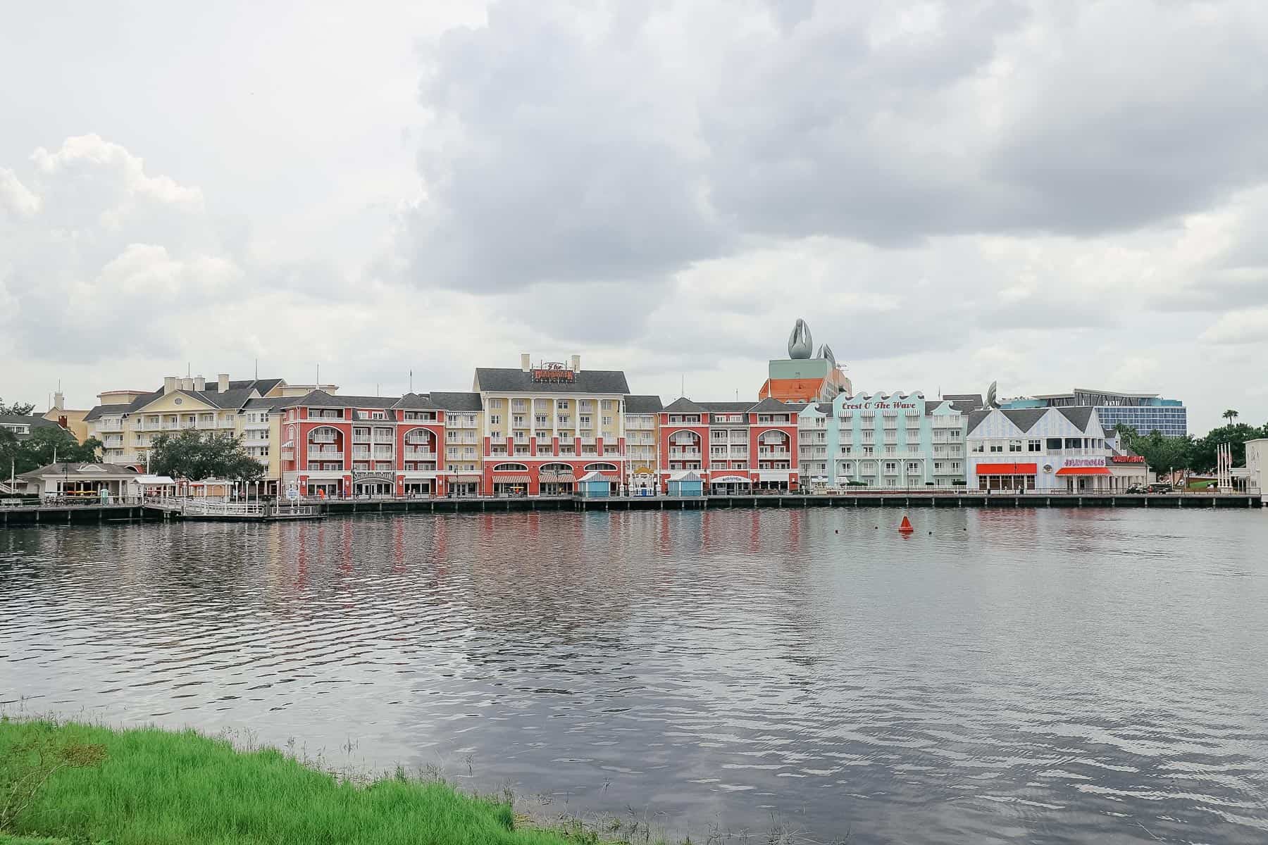 Disney's Boardwalk pops with colors on a cloudy day. 