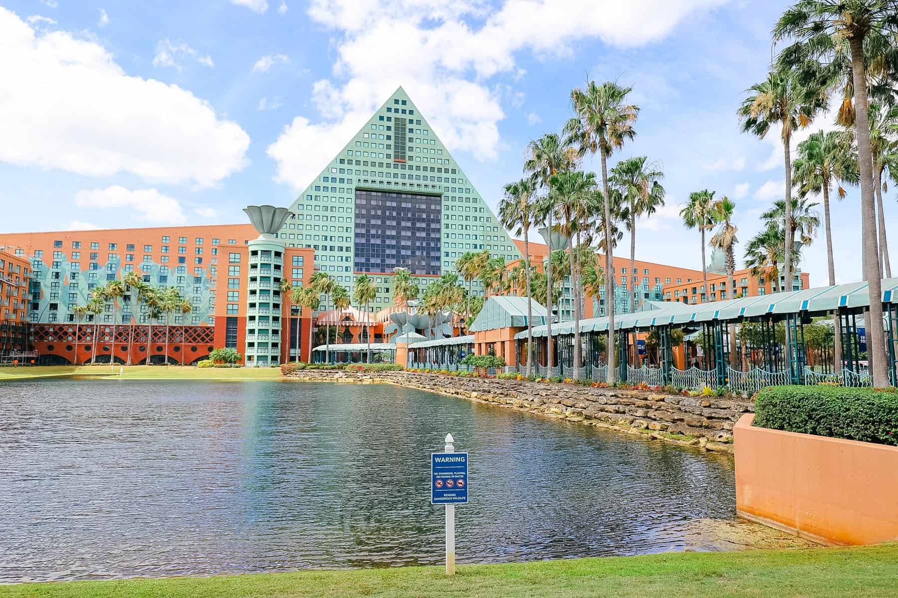 Disney's Dolphin with the lake and bridge between it and the Swan. 