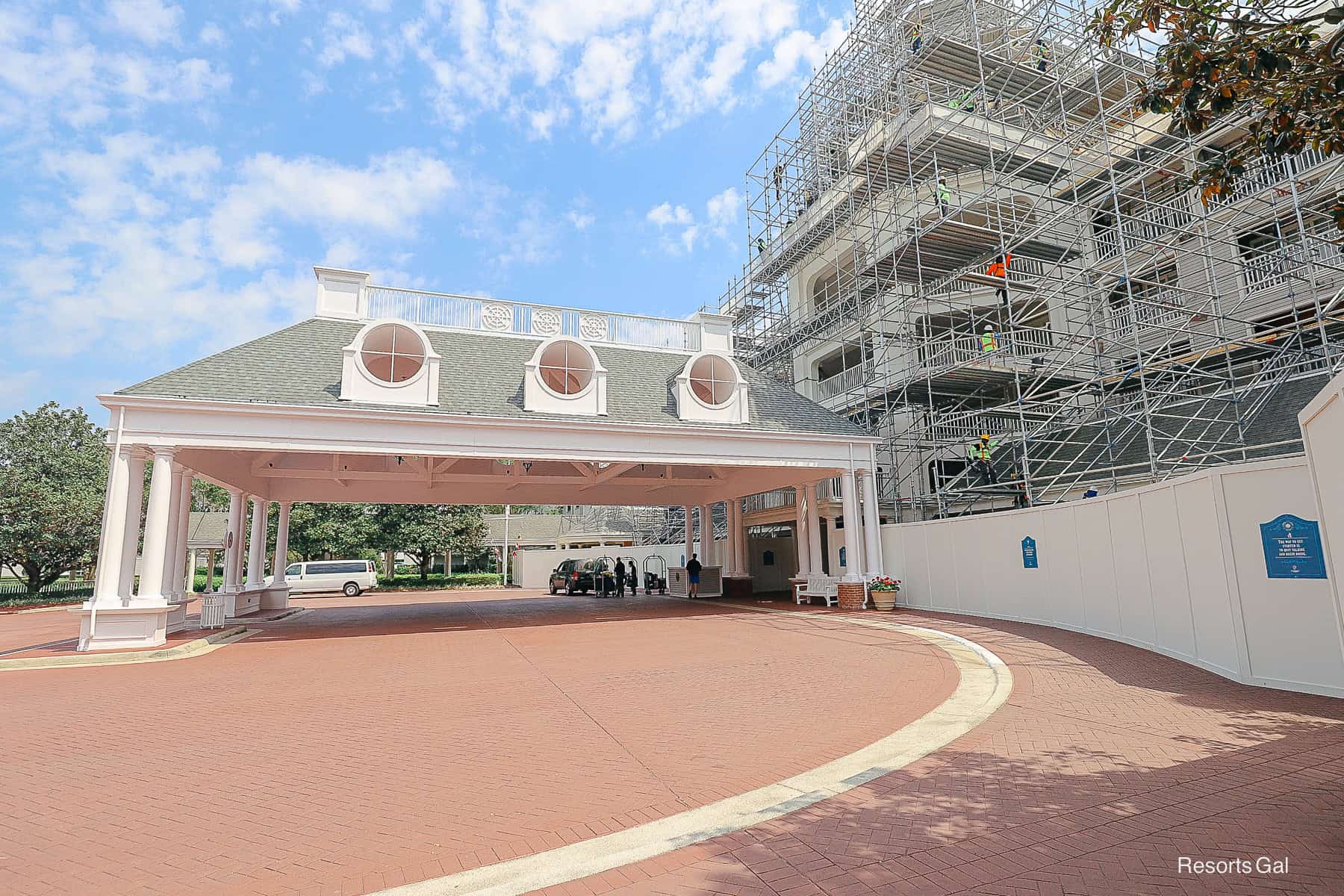 scaffolding around the resort's main entrance