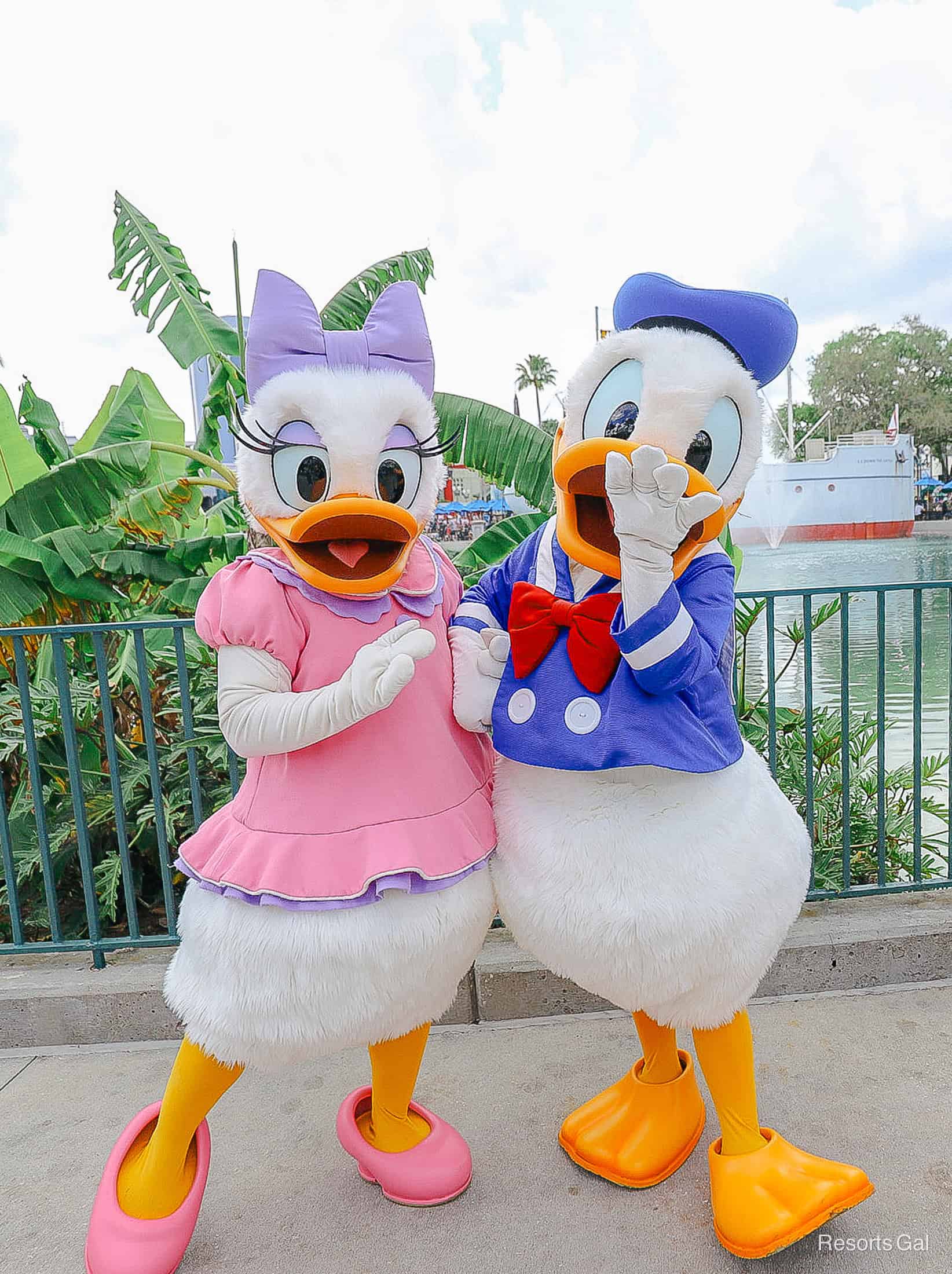 Daisy poses with her leg out while Donald covers his mouth.