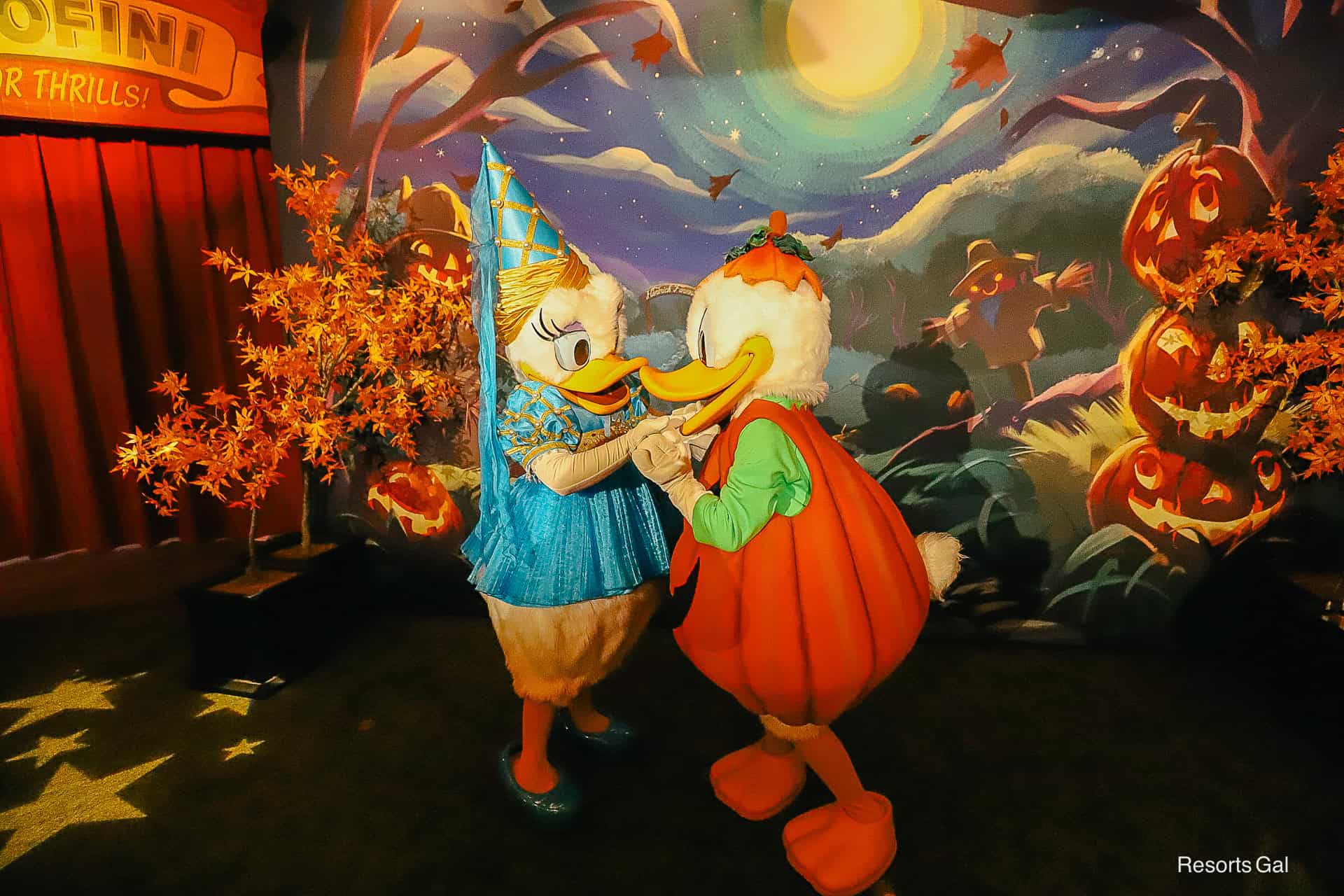 Daisy wears a blue princess outfit and Donald wears a pumpkin suit 