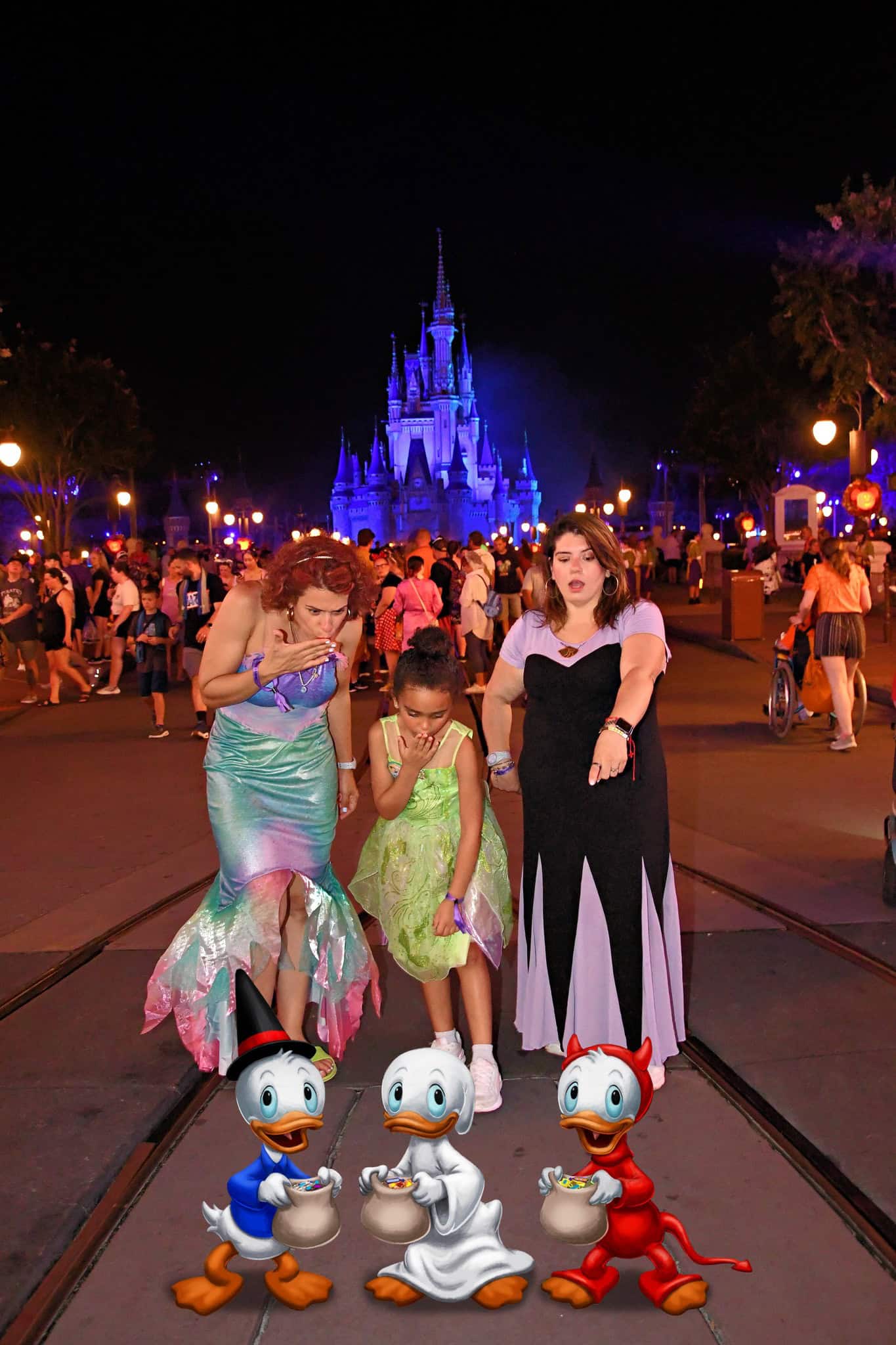 Guests pointing to Donald Duck's nephews animated in the PhotoPass image wearing costumes 