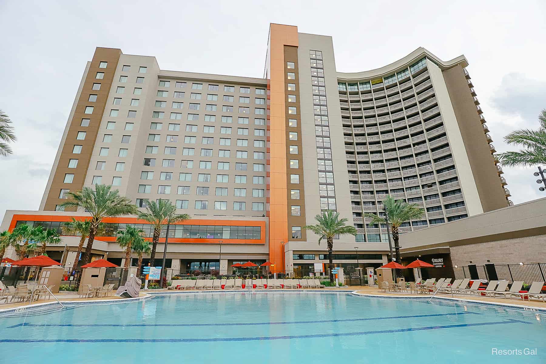 A view of the hotel from the back end of the pool. 