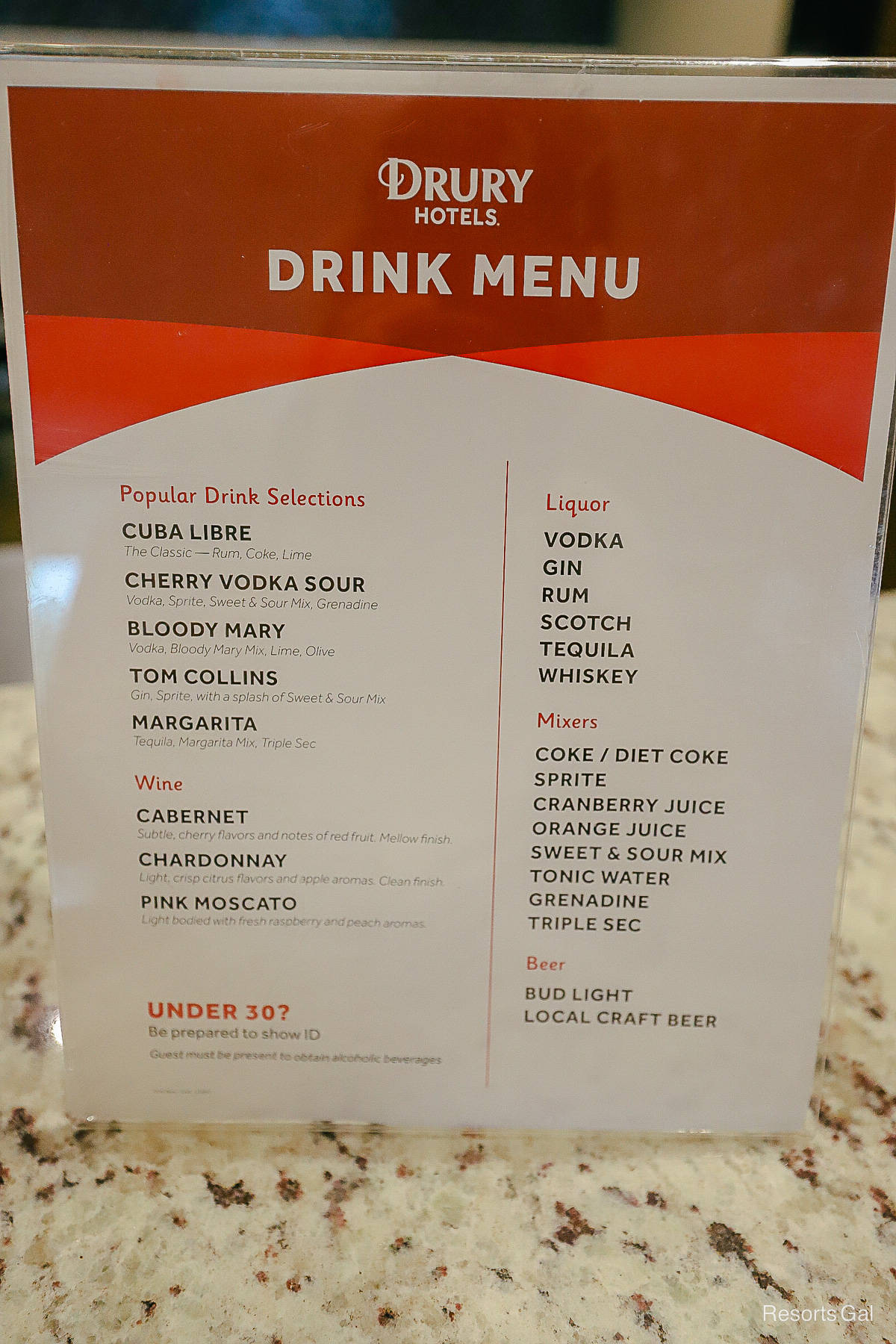 Drury Hotels Drink Menu for the complimentary cocktail hours. 