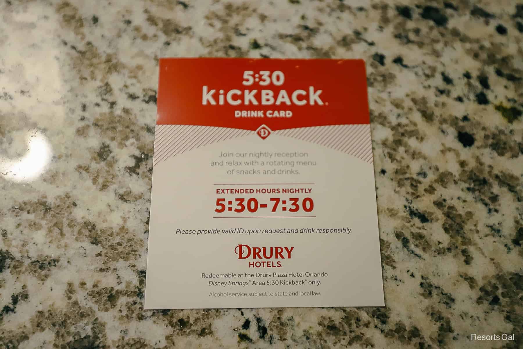 A Kickback drink card that allows guests of the Disney Springs Drury Hotel to receive complimentary snacks, drinks, and cocktails. 