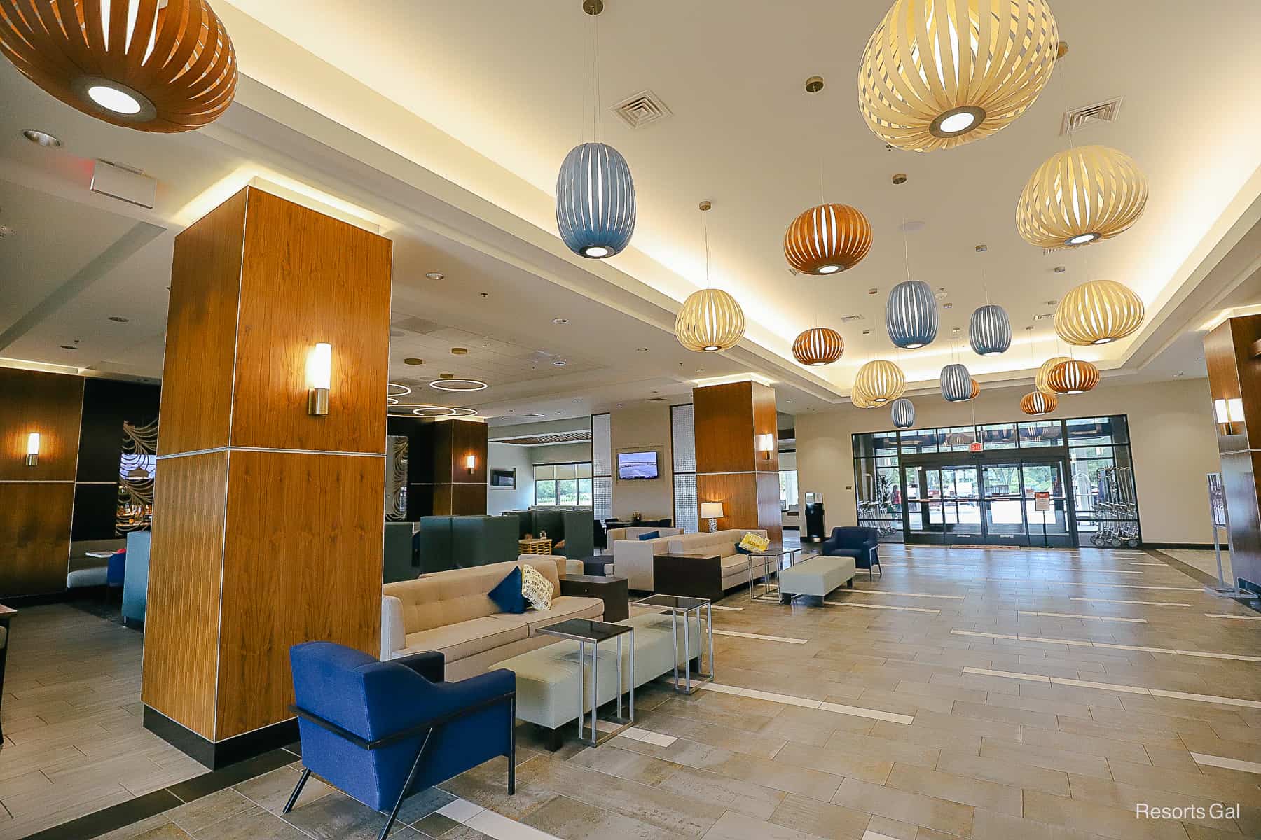 The Drury Hotel lobby with globe lantern light fixtures. 