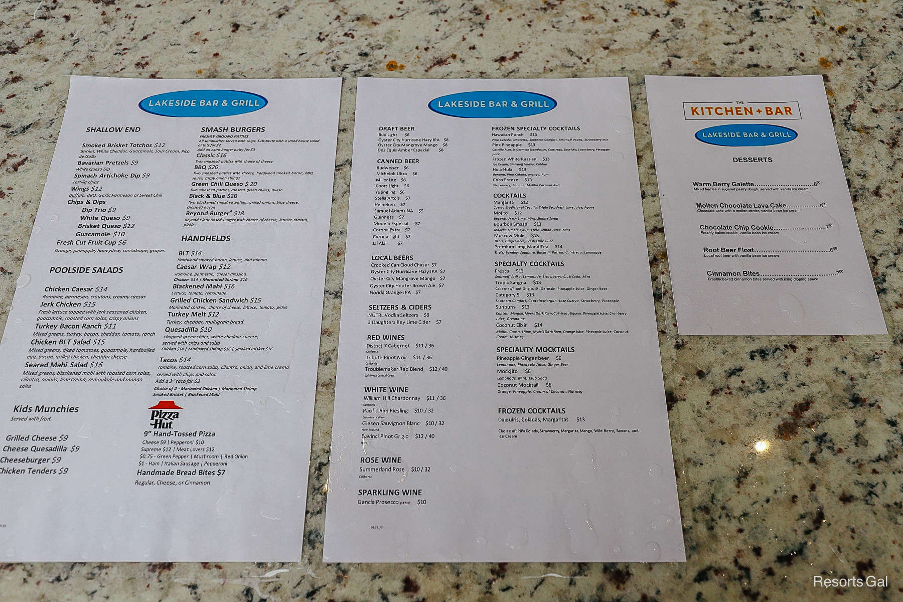 menus for the Lakeside pool bar and grill at the Drury Disney Springs 
