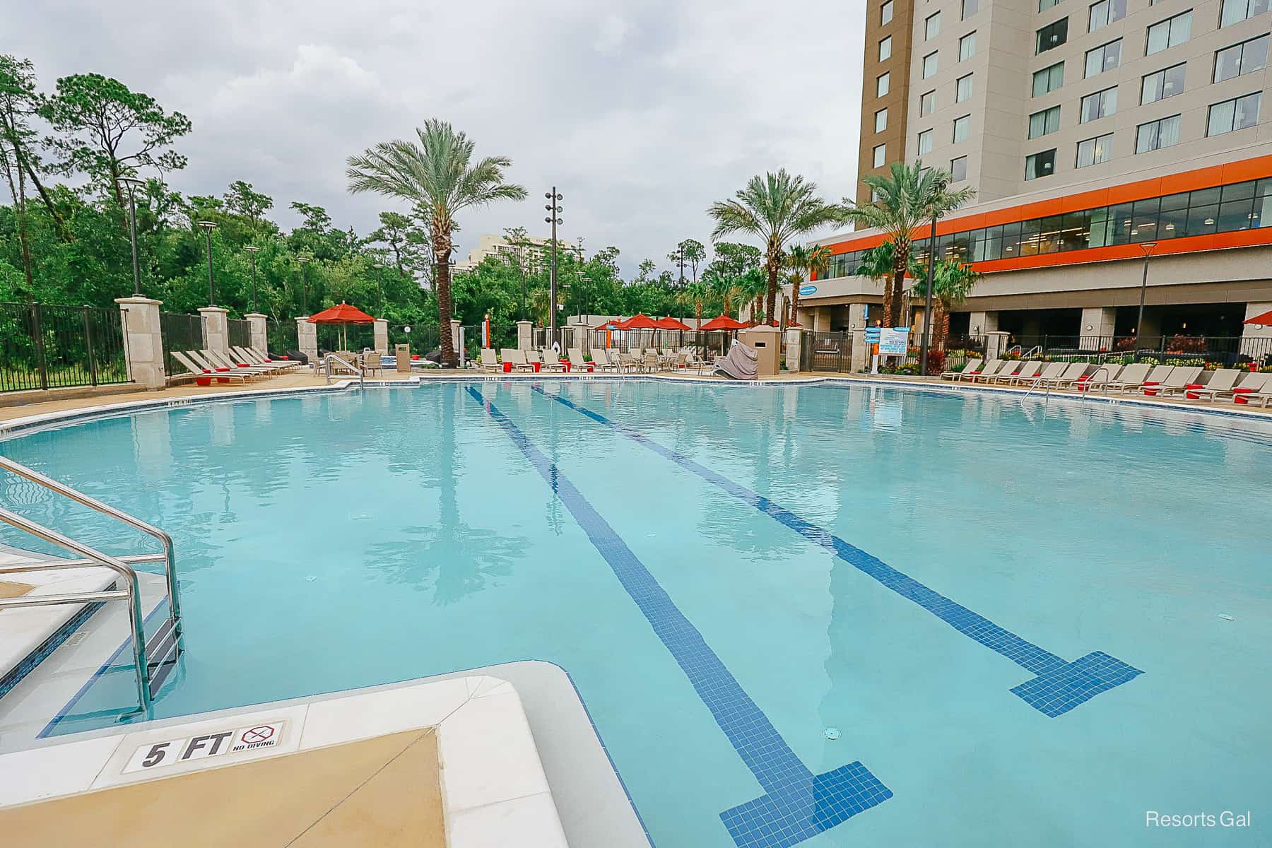 Shows the length of the pool at the Drury Plaza Hotel at Disney Springs. 
