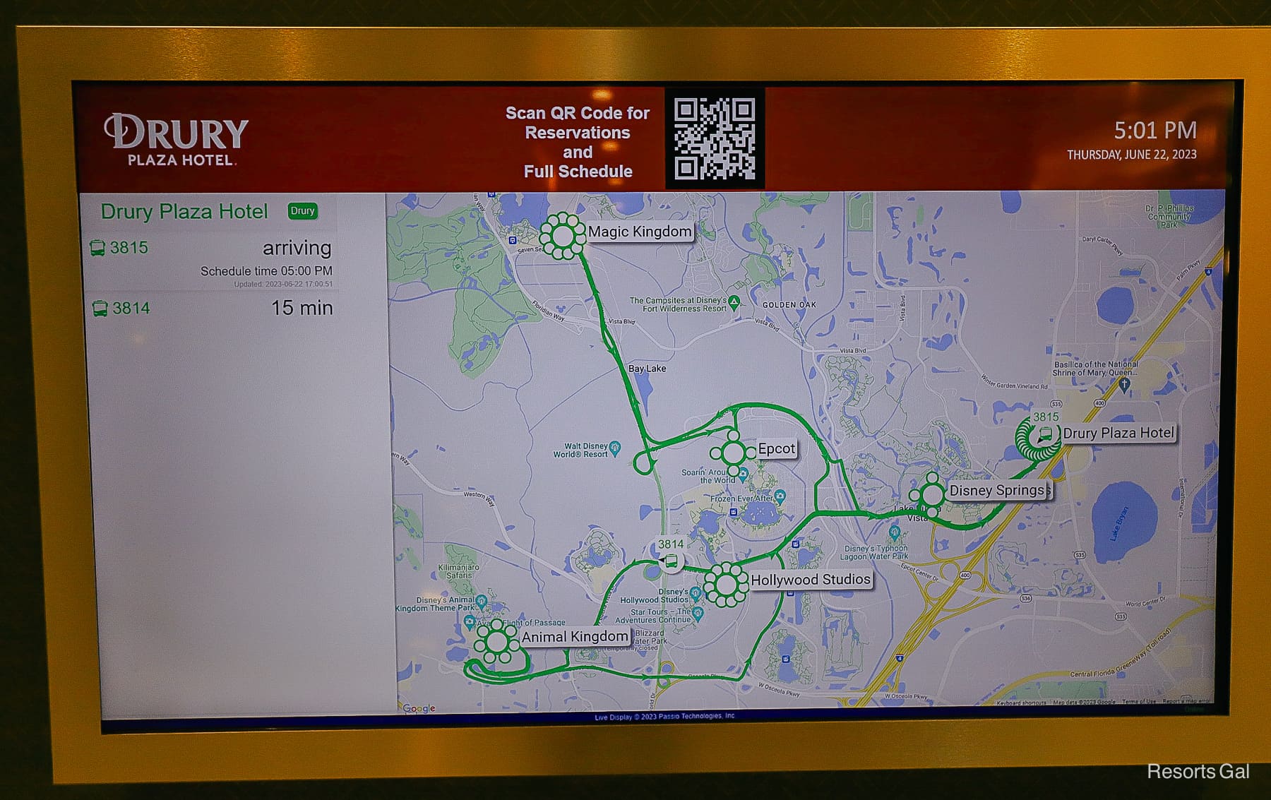 A map that shows the time the next bus arrives and departs the hotel. It also shows the routes to and from the theme parks. 