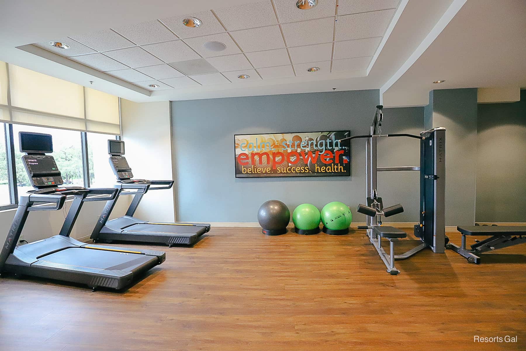 Treadmills facing out the window to other hotels in the Disney Springs area. 