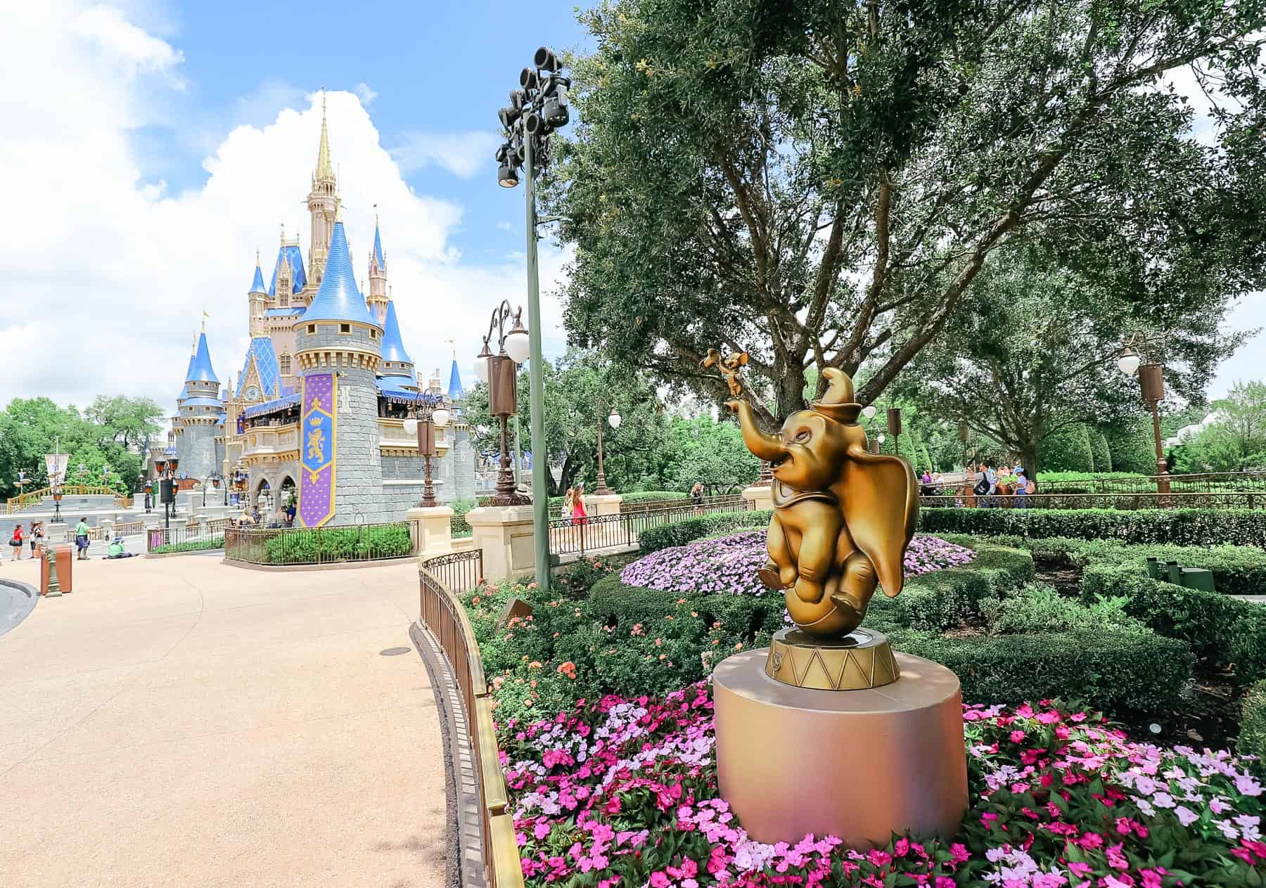A statue of Dumbo in Cinderella Hub. 