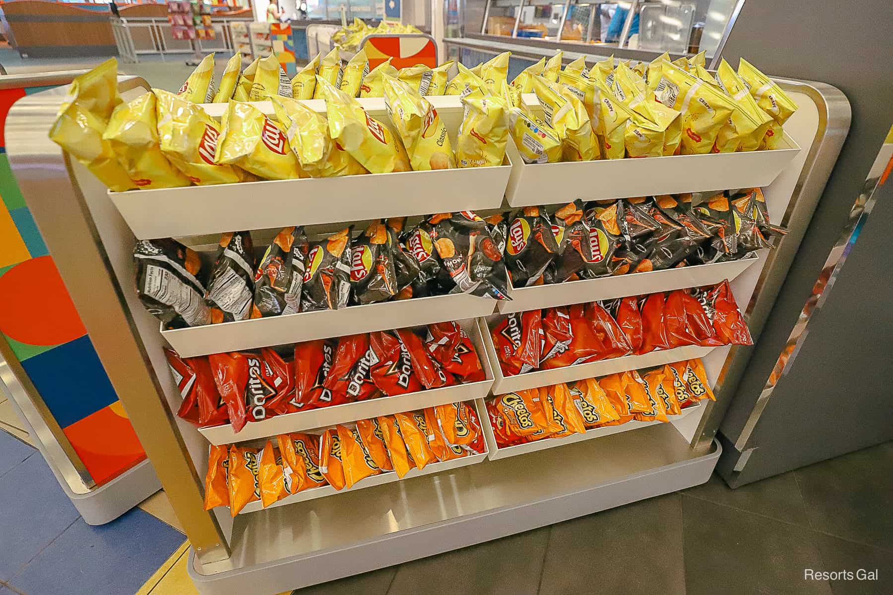 a stand with a variety of chips