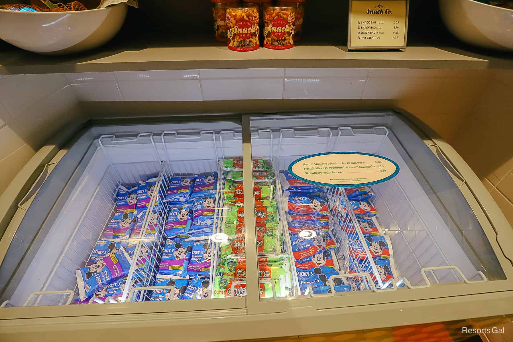 a case with frozen Novelty items at Pop Century's restaurant